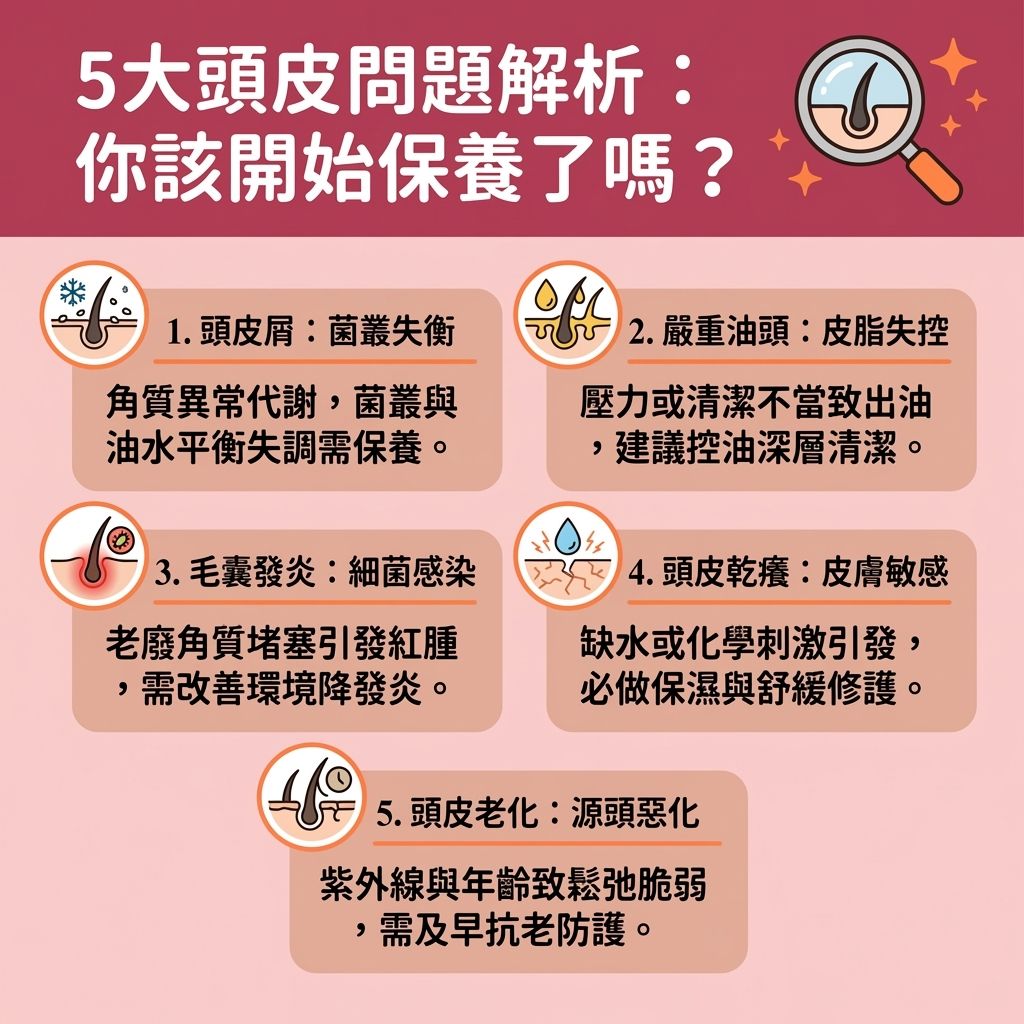 這是一張台灣健康部落格風格的 1:1 正方形資訊圖表,詳細解說五大頭皮問題與居家保養步驟。當皮脂腺受壓力與荷爾蒙影響分泌過多皮脂時,容易造成毛囊阻塞與炎症。這時你需要頭皮深層清潔來改善頭皮出油並去除頭皮異味,這也有助於改善頭髮扁塌。
針對頭皮屑困擾,建議挑選合適的去頭皮屑洗頭水與護髮素,並參考頭皮去角質推薦產品來清除老廢角質,切勿使用錯誤的洗頭水。若是面臨換季頭皮乾癢或需要脂漏性皮炎護理,則需為頭皮補充水分、蛋白質與氨基酸,以舒緩頭皮敏感並解決頭皮發炎。在進行染燙後頭皮護理時,掌握正確的頭皮精華用法,塗抹精華能對抗紫外線傷害,有效延緩頭皮老化。
為了強化髮根健康與找到正確的預防脫髮方法,可尋求專業醫生建議,並透過頭皮按摩教學按壓頭部穴位。這不僅能改善血液循環(促進血液循環),更能促進毛囊生長,有效減少掉髮數量,徹底告別脫髮危機。