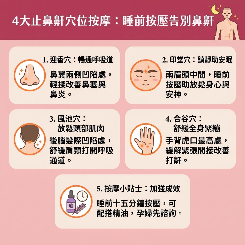 這是一張台灣健康部落格風格的 1:1 正方形扁平化資訊圖表,介紹全方位的【解決鼻鼾方法】以幫助大眾【提升睡眠質素】。除了運用【中醫】的【穴位按壓技巧】進行【穴位按摩通鼻塞】(例如輕輕【按摩】【鼻翼】兩側的【迎香穴】與眉心間的【印堂穴】)來【疏通經絡氣血】、【促進面部血液循環】與【緩解鼻塞流涕】,我們還需要從日常習慣著手。這種【睡前按摩放鬆】與【中醫調理鼻鼾】能有效【舒緩鼻敏感症狀】,改善因【鼻腔】發炎或【鼻敏感】引起的【鼻塞】。
為了【改善用口呼吸】並【保持呼吸道暢通】,除了針對【穴位】與全身【經絡】調理【氣血】,更要注意睡姿。養成側睡習慣是優良的【物理止鼾方法】,能避免【舌頭】與【軟顎】後墜,幫助【放鬆喉嚨肌肉】。若【喉嚨】周圍【肌肉】緊繃或脂肪過多壓迫【呼吸道】,極易引發嚴重的【睡眠窒息症】,導致夜間【睡眠】期間缺乏【氧氣】,此時必須及早【預防睡眠呼吸中止】。
透過圖表中的5大生活建議,我們能從根本【改善呼吸道阻塞】,有效【減少打呼嚕】與【降低鼻鼾頻率】。全方位的護理不僅能【改善睡眠質素】,更能大幅【減輕日間疲倦】,讓你徹底遠離【鼻鼾】困擾。