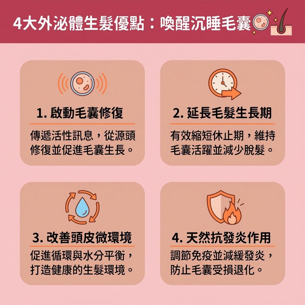 這是一張台灣健康部落格風格的 1:1 正方形資訊圖表,詳細解析外泌體的外泌體生髮效果。圖表說明這項抗衰老生髮療程如何利用納米級別的囊泡,攜帶基因訊息、氨基酸與蛋白質,提升細胞溝通。透過微針技術進行微針外泌體導入,能將豐富的生長因子直接送達頭皮深層組織,發揮極佳的幹細胞生髮治療作用(因為外泌體常源自幹細胞)。
圖表指出,這種療程能加速新陳代謝並促進血液循環,從而活化頭皮細胞、促進頭皮修復及改善頭皮環境。它具備強大的抗炎症能力,能抑制頭皮發炎,保護毛囊免受破壞。這不僅能修復受損毛囊,更能喚醒休止期毛囊並刺激毛囊再生。透過促進膠原蛋白增生(產生膠原蛋白),進一步強化髮根健康。
對於面對脫髮、雄性禿困擾的人士,這是一項極具潛力的雄性禿脫髮治療。由專業醫生評估後進行,能有效延長毛髮生長期,幫助深層細胞重獲生機。最終達到減少掉髮數量、解決頭髮稀疏、預防髮線後移以及增加頭髮密度的目標。