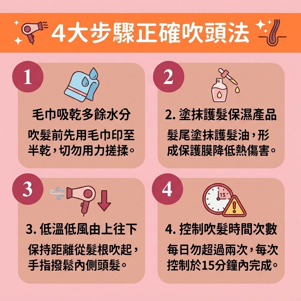 這是一張1:1正方形扁平化向量插畫,以台灣健康部落格風格圖解【正確吹頭方法】與【日常頭髮護理】。圖中顯示,洗髮後若不【快速吹乾頭髮】並【吹乾頭皮防菌】,【頭皮】的【角質層】與【皮脂腺】易受損,可能引發【脫髮】。
挑選【風筒】時,建議參考【負離子風筒推薦】,選擇具備優良【摩打】、【發熱線】及【恆溫護髮功能】的產品。這能釋放【負離子】,有效【減少靜電摩擦】與【靜電】。
吹髮時必須【控制吹頭溫度】與【風速】,利用【恆溫】及【冷熱風交替】(適時使用【冷風】),避免過高【溫度】與【熱力】造成【熱風傷害髮絲】與【避免燙傷頭皮】。這能【保護毛鱗片】(【毛鱗片】),【防止頭髮乾枯】,並【鎖住頭髮水分】(保留【水分】)。
搭配【頭皮保濕護理】與護髮品,能補充【蛋白質】,【舒緩頭皮敏感】,避免【毛囊】與【髮根】受損導致【頭髮脆弱易斷】及【改善髮質變差】。只要掌握訣竅,就能【減少頭髮毛躁】,輕鬆擁有【順滑光澤秀髮】與健康強韌的【頭髮】!