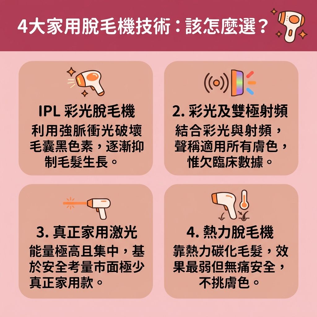 這是一張台灣健康部落格風格的 1:1 正方形向量資訊圖表,分析4大家用脫毛機技術。日常如果用錯剃刀或舊刮毛刀(未注意剃毛刀片更換),沒有遵守剃毛正確步驟與正確的順毛逆毛剃法,很容易引發剃毛後遺症,例如皮膚受損、角質變薄,並導致炎症與紅腫。因此,不管是處理腋下、小腿、汗毛、面毛,或是特別需要私密處剃毛注意的部位,都要做好剃毛前後護理,以避免皮膚刮傷。
相較於化學脫毛膏或疼痛的蜜蠟,光學脫毛機是極佳的敏感肌脫毛方法。這能避免產生剃毛越剃越粗的錯覺,並幫助解決毛囊發炎及舒緩剃毛紅腫。儀器利用激光或彩光破壞毛囊中的黑色素,能減少色素沉澱、改善毛髮倒生並預防毛孔粗大。
對敏感肌而言,除了使用光學儀器外,日常也需溫和去角質,並塗抹潤膚霜來滋潤保濕皮膚與舒緩痕癢不適。若追求極致安全且長效的永久脫毛效果,專業醫生通常會給予專業醫療級的激光脫毛推薦。在療程後,正確保養能完美收細粗大毛孔,讓毛孔與毛髮隱形,重塑白滑肌膚。