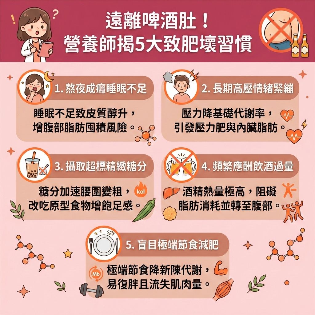 這是一張台灣健康部落格風格的 1:1 正方形資訊圖表,主題探討最佳的減大肚腩方法與瘦小腹秘訣。圖中指出五個引發內臟脂肪與皮下脂肪囤積的壞習慣。要改善中央肥胖並消除腹部贅肉,必須精準控制熱量攝取(計算卡路里)並減少碳水攝取(控制碳水化合物)。日常可攝取富含膳食纖維的秋葵來促進腸胃蠕動與幫助排毒清腸宿便,或飲用含兒茶素的綠茶,並補充優質蛋白質。這是絕佳的減脂增肌飲食,有助穩定血糖與胰島素。
若想突破減肥停滯期,除了配合輕斷食以延長燃脂時間,更要進行有氧運動並鍛鍊核心力量(強化核心肌群)。這能有效提升基礎代謝與整體的基礎代謝率,加速新陳代謝,從而燃燒深層脂肪,成功降低體脂比例(降低體脂率),助您打造易瘦體質並預防脂肪積聚。
若追求極致並想塑造緊緻線條,醫學美容是另一高效途徑。透過專業的局部減脂療程與先進的無創減脂技術,配合溶脂儀器進行精準的醫美定位修形,能安全有效地為您重塑完美曲線!