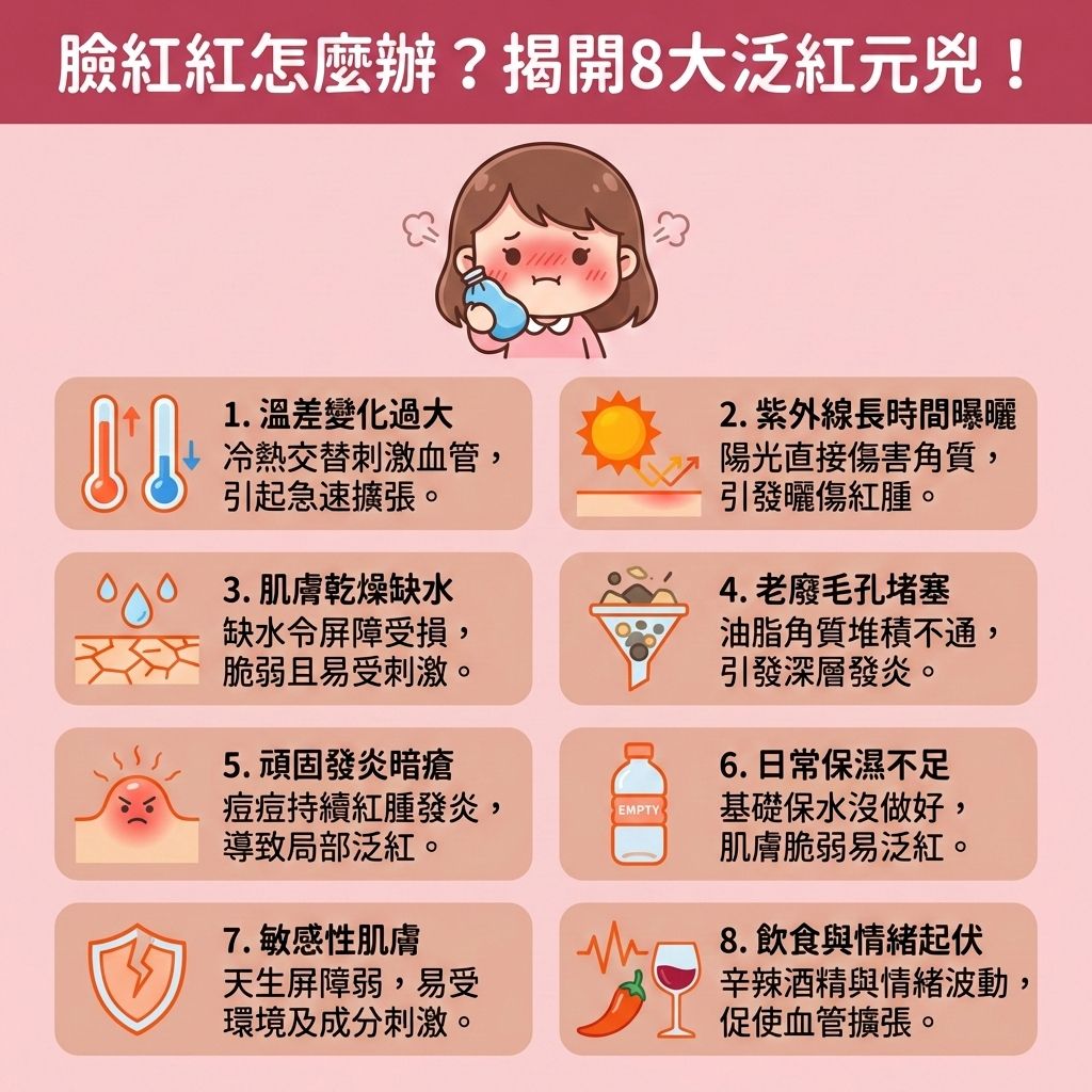 這是一張台灣健康部落格風格的正方形醫美資訊圖表,解說8大面部泛紅成因。圖中女孩正為臉頰發熱苦惱。當面對溫度變化,高溫會促進血液循環,造成微血管擴張。若暴露於強烈紫外線未做好物理防曬,易刺激微血管。若是敏感肌或患有濕疹、玫瑰痤瘡,其脆弱的皮膚屏障與角質層更易受損。若感染蠕形蟎蟲或因荷爾蒙與免疫系統失調,將直接誘發玫瑰痤瘡及炎症,導致嚴重潮紅。
我們必須遠離致敏原並避免刺激成分,慎選護膚品,切勿濫用類固醇。日常應溫和潔淨肌膚,絕對要避免過度清潔,以調節水油平衡與改善乾燥脫皮。若泛紅是由暗瘡引起,正確護理有助於降低發炎反應。這些步驟能修復受損屏障、增強皮膚屏障,達到舒緩紅腫發炎、褪紅消炎鎮靜、減輕痕癢不適及舒緩敏感泛紅的目的。
若想真正改善面部潮紅,建議尋求專業皮膚科醫生協助。圖表下方特別推薦香港醫學美容權威完美醫療,其專業的激光褪紅療程與「暗瘡分手療程」,助您徹底告別關公臉,重拾健康透亮肌!