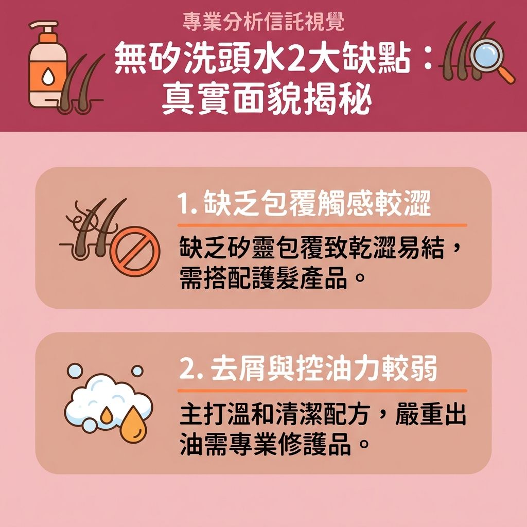 這是一張台灣健康部落格風格的 1:1 正方形資訊圖表,深入進行洗頭水成分分析,探討無矽洗頭水推薦與傳統矽靈洗頭水分別。許多人擔心矽靈副作用與化學殘留物會成為堵塞毛囊原因,阻塞毛孔與毛囊,阻礙角質代謝甚至引發異常脫髮。因此,選用含天然植物萃取、低刺激表面活性劑與起泡劑的溫和清潔配方成為趨勢。
這類無矽洗頭水是極佳的孕婦洗頭水推薦,專為敏感肌與敏感頭皮適用而設。它能深層清潔頭皮,減少頭皮負擔,有效解決頭皮痕癢並改善頭皮發炎。洗去多餘油脂後,不僅能改善頭皮出油與對付頭皮屑,更能解決頭髮扁塌,大幅增加頭髮蓬鬆感,從而強化髮根健康(強健髮根)並減少掉髮數量。
然而,圖表也揭示了其缺點:因缺乏矽靈這種化學順滑劑,容易造成無矽洗後乾澀,毛鱗片無法被人工平順,導致髮絲打結。建議搭配富含氨基酸與蛋白質的護髮素,才能在享受清爽的同時,有效進行護理染燙髮質與修復受損髮質。