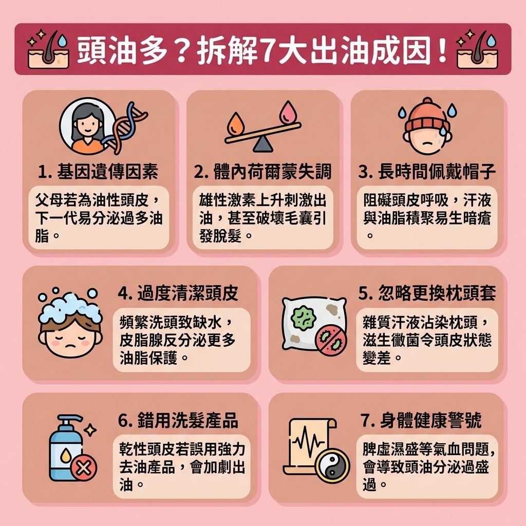 這是一張 1:1 正方形扁平化向量醫美資訊圖表,教導大家如何【解決頭皮出油】與【控制油脂分泌】。圖表指出,若【壓力】大導致【荷爾蒙】失調,體內【雙氫睪酮】會過度刺激【皮脂腺】與【汗腺】。這不僅會分泌大量【頭油】與【油脂】,更會引發【頭皮痕癢紅腫】。若【角質層】受損且【毛囊堵塞發炎】,極易引發【頭瘡】與異常【脫髮】,甚至演變成【雄性禿】,嚴重縮短頭髮的【生長期】。
為了【預防頭瘡形成】並落實【預防脫髮方法】,必須注重【日常頭皮護理】以【改善頭皮環境】。應適度進行【深層清潔頭皮】與【溫和清潔頭皮】,謹慎【選擇控油產品】與合適的【洗頭水】,洗後搭配【護髮素】撫平【毛鱗片】,以【保持水油平衡】並鎖住【水分】與【蛋白質】。
圖中也建議,透過按摩來維持良好的【血液循環】以【促進頭皮血液循環】,並【調整飲食習慣】。這些步驟能保護【頭皮】與【毛囊】以【舒緩頭皮敏感】,達到【刺激毛囊再生】與【延長生長週期】的效果。只要頭皮健康,就能【減少頭皮屑】、【改善頭髮扁塌】,大幅【增加頭髮蓬鬆度】!