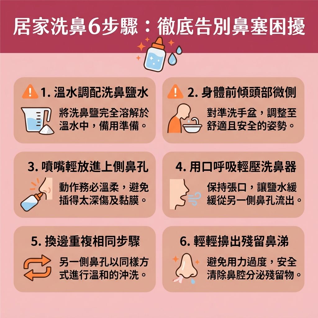 這是一張台灣健康部落格風格的 1:1 正方形扁平化資訊圖表,詳細解說六個居家洗鼻步驟,教你最佳的【解決鼻塞方法】與【洗鼻正確姿勢】。圖中示範如何將【生理鹽水】(或依據正確【洗鼻鹽水比例】調配的【溫水】鹽液)裝入合適的【洗鼻器】(或【針筒】)中。
透過這個溫和的【鼻腔沖洗療程】,能有效【清潔鼻腔分泌物】(如濃稠的【鼻水】),並徹底【沖洗致敏原】(包含各種【灰塵】、【細菌】與【致敏原】)。這不僅能【舒緩鼻敏感症狀】、【減輕鼻炎不適】,更能幫助【緩解鼻竇炎】。對於受【鼻敏感】、【鼻竇炎】或【鼻息肉】困擾的患者,此舉能【保持鼻腔濕潤】並【促進鼻黏膜修復】,保護脆弱的【鼻黏膜】、【鼻竇】與整個【鼻腔】。
經常清理鼻腔能【預防上呼吸道感染】,這也是【解決打鼻鼾】的隱藏妙招。當【鼻塞】解除,患者便能【改善用口呼吸】,進而【改善呼吸道阻塞】(暢通【呼吸道】)。這對受【鼻鼾】困擾的人而言,能有效【降低鼻鼾頻率】並【改善睡眠質素】(提升整體【睡眠質素】)。操作時請留意可能的【洗鼻副作用】,若需了解【兒童洗鼻方法】或尋找優質的【洗鼻器推薦】,建議前往專業【診所】諮詢【醫生】。