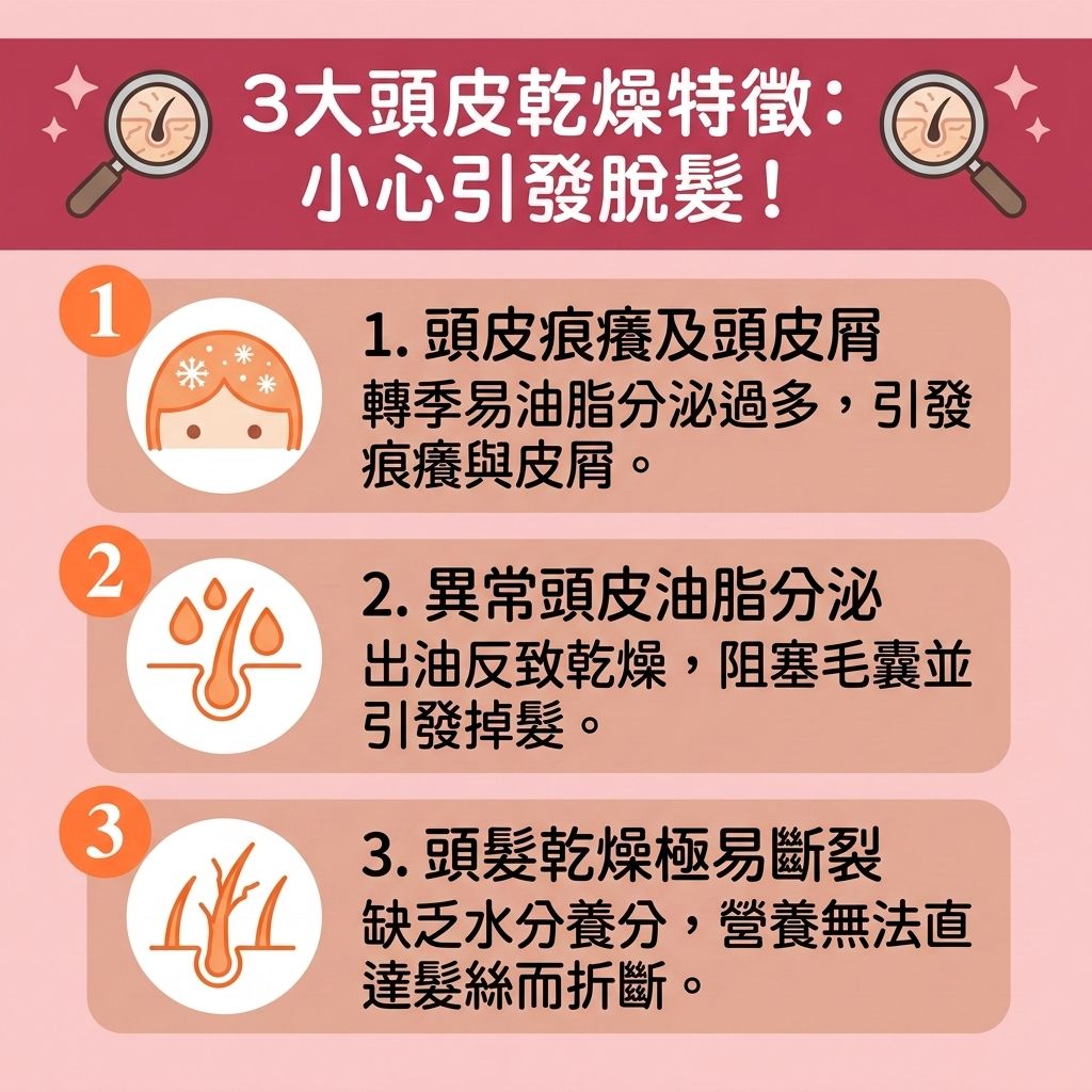 這是一張 1:1 正方形的扁平化向量資訊圖表插畫,採用台灣健康部落格風格,詳細解析三大【頭皮】乾燥特徵。圖中顯示當頭皮缺乏【水分】時,受損的【角質層】會引發【頭皮乾燥痕癢】與【頭皮屑過多】。若【皮脂腺】異常導致【頭皮油脂分泌】過盛,必須及時【解決毛孔堵塞】,否則極易引發【毛囊炎】與嚴重【脫髮】,甚至惡化潛在的【雄性禿】與【荷爾蒙】落髮問題。
為了【舒緩頭皮敏感】與【滋潤乾燥頭皮】,圖表建議做好【頭皮保濕護理】與【日常頭皮護理】。洗髮時可選用含【胺基酸】與【咖啡因】的產品來【溫和清潔頭皮】與【頭皮深層清潔】。日常保養可透過按摩來【改善頭皮血液循環】與整體【血液循環】;飲食方面,【生髮食物推薦】多攝取優質【蛋白質】、【鐵質】、【維他命】與【膠原蛋白】等【營養素】,由內而外【補充頭皮水分】並【強健髮根】。
在【預防脫髮方法】上,醫學界建議可使用含【米諾地爾】的【生髮水】,幫助【激活休眠毛囊】,進而【延長生長週期】、【減少掉髮】、【促進頭髮生長】並【改善頭髮稀疏】。若【毛囊】受損嚴重,則建議尋求【專業生髮療程】或【植髮】來重獲新生。