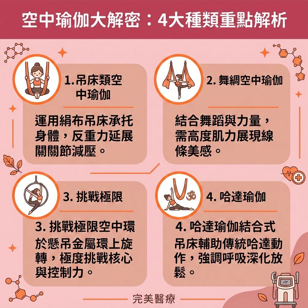 這是一張台灣健康部落格風格的正方形資訊圖表,詳細解析了四大空中瑜伽項目。利用絹布吊床練習,能有效減輕脊椎壓力,保護脊椎與關節,同時舒緩肩頸痛楚與改善不良姿勢。這項運動能提升身體柔軟度(增加柔韌度),並鍛鍊深層肌肉與增強核心力量,完美強化核心肌群、提升整體肌肉量。
作為一種結合力量的有氧運動,它能促進血液循環與活化淋巴系統,達到促進淋巴排毒、消除水腫與改善下半身水腫的效果,進而改善睡眠質素。長期練習能提升基礎代謝與整體的基礎代謝率,加速新陳代謝,大量消耗卡路里。這有助於燃燒全身脂肪、消除局部贅肉與預防脂肪積聚,降低體脂率,減少內臟脂肪與皮下脂肪,幫助您突破減肥停滯期。
對於想塑造修長線條、產後修身塑形或打造易瘦體質的人來說,若想加強效果,可搭配醫學美容。香港完美醫療提供專業的專屬瘦身方案與無創減脂療程。透過先進的溶脂技術進行精準的醫美定位修形,能安全高效為您重塑完美體態!