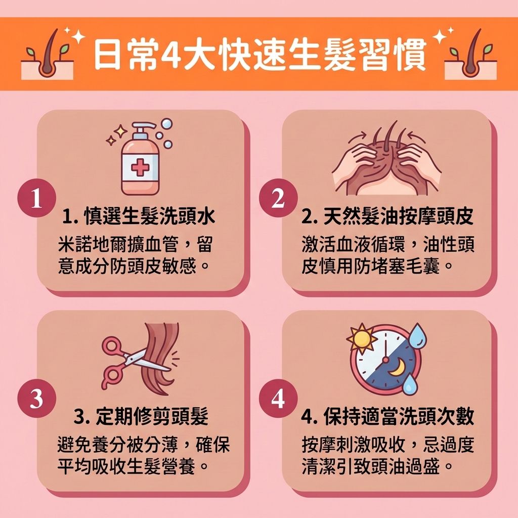 這是一張 1:1 正方形的可愛扁平化向量資訊圖表,呈現台灣健康部落格風格,教導大眾【預防脫髮方法】與【快速生髮】的秘訣。圖表指出,若【荷爾蒙】失調轉化為【雙氫睪酮】,會攻擊【頭皮】的【毛囊】,誘發【雄性禿】與異常【脫髮】,導致【髮線】與【額角】後退。為【解決前額脫髮】與【改善髮線後移】,必須謹慎【選擇防脫髮產品】,如使用【防脫髮洗髮露】或含【米諾地爾】的【生髮水】,配合口服【非那斯特萊】來【抑制男性荷爾蒙】。
日常應做好【頭皮深層清潔】以【改善頭皮環境】,避免【皮脂腺】堵塞,有助於【延緩毛囊萎縮】。透過按摩來【改善頭皮血液循環】(促進良好的【血液循環】),能【激活休眠毛囊】並【刺激毛囊再生】。同時需【補充頭髮營養】,攝取充足的【蛋白質】、【鐵質】與【維他命】,以【強健脆弱髮根】、【延長生長週期】、【促進頭髮生長】,從而【減少掉髮數量】。
建立這些習慣能有效【改善頭髮稀疏】並【增加頭髮密度】。若情況嚴重,建議尋求【專業生髮療程】或【生髮療程】(如【激光生髮】),甚至考慮【植髮】手術來徹底解決危機!