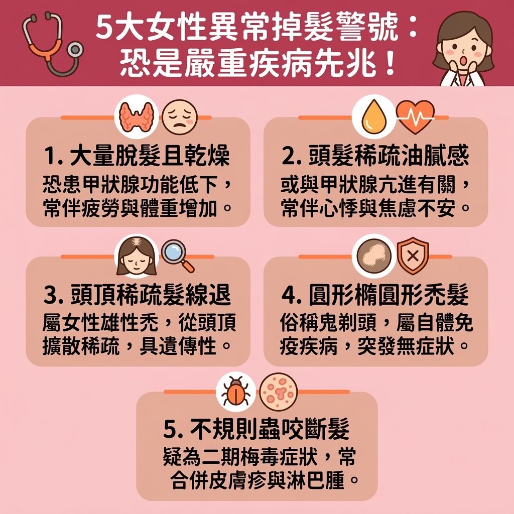 這是一張台灣健康部落格風格的 1:1 正方形扁平化資訊圖表,詳細描述了女士異常掉髮原因。圖表指出,頭髮稀疏身體警號不容忽視,可能預示嚴重疾病。例如,甲狀腺功能異常(如甲狀腺減退掉髮)或內分泌問題會導致內分泌失調脫髮。常見的婦科病如卵巢多囊症會引發多囊卵巢綜合症症狀,而更年期荷爾蒙變化(如停經)、產後帶來的產後脫髮嚴重,甚至缺鐵性貧血脫髮(因缺乏鐵質與貧血)及營養不良導致脫髮(因過度節食或營養不良)皆是關鍵因素。
此外,如果突然大量甩頭髮,要警惕免疫系統問題,如紅斑狼瘡引發的紅斑狼瘡早期症狀或免疫系統疾病掉髮(如斑禿)。壓力過大也會造成壓力性休止期脫髮。針對女性髮際線後移及頭頂稀疏,這往往是雄性禿與女性雄性禿特徵。有些落髮甚至與糖尿病及糖尿病併發症脫髮有關,或是其他潛在的婦科疾病脫髮徵兆。若發現頭皮異常與異常脫髮,應立即尋求皮膚科醫生診斷,讓專業醫生進行脫髮身體檢查推薦,評估是否需要更換藥物或進行專業的頭皮毛囊萎縮治療以拯救脆弱的毛囊。