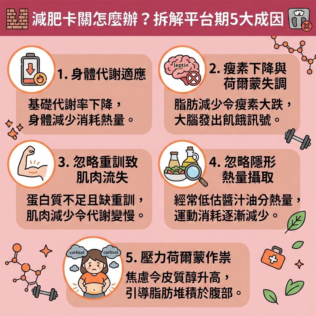 這是一張台灣健康部落格風格的 1:1 正方形資訊圖表,深入探討為何會出現體重停滯不降的現象。當體重與體脂率不再下降時,代表您已遇到瓶頸。為了突破減肥停滯期(或突破體重樽頸位),我們必須了解成因。
首先,長期嚴格控制熱量攝取(精算卡路里)或進行間歇性斷食,會導致基礎代謝率下降。此時若碳水化合物(減少碳水攝取)或蛋白質攝取不足,容易造成肌肉量流失,影響新陳代謝。建議調整飲食結構,適時加入欺騙餐來欺騙身體,並多喝水補充水分。
其次,壓力與荷爾蒙失調會讓脂肪細胞變得頑固,導致厚厚的皮下脂肪與內臟脂肪堆積。為紓緩心理壓力與改善睡眠質素,建議改變運動模式,不要只做有氧運動,應結合無氧運動或高強度間歇訓練,這樣能增加肌肉量,有助於提升基礎代謝與預防脂肪積聚。
透過上述方法能幫助您打造易瘦體質並降低體脂比例。若您依然無法燃燒深層脂肪,可以考慮醫學美容的幫助。香港完美醫療提供專業的專屬瘦身方案與局部減脂療程。透過先進的無創減脂技術與溶脂儀器,能安全有效地為您進行醫美定位修形,輕鬆重塑完美體態!
