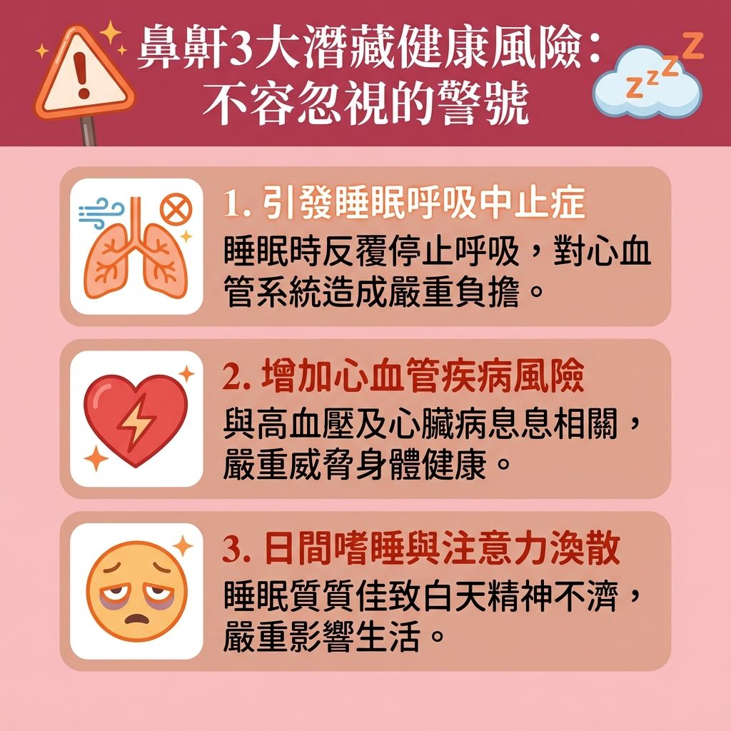 這是一張台灣健康部落格風格的 1:1 正方形扁平化資訊圖表,詳細解說【鼻鼾】帶來的健康風險,並探討各種【解決鼻鼾方法】與【物理止鼾原理】。嚴重的鼻鼾常是【睡眠呼吸中止症】(或稱【睡眠窒息症】)的危險信號,會造成【睡眠】中缺乏【氧氣】,引發【改善睡眠缺氧】的迫切需求。當【呼吸道】、【鼻腔】、【喉嚨】、【口腔】與【軟顎】的深層【肌肉】過度鬆弛,甚至【舌頭】後墜時,會導致【氣流】受阻與嚴重【鼻塞】。
為了【保持呼吸道暢通】與【改善氣流阻塞】,大眾常會尋找【止鼻鼾神器推薦】並進行【止鼻鼾產品比較】。市面上常見的【止鼾器】如【頭帶】(常配有【魔術貼】設計),能穩固包覆【臉頰】並【收緊下巴肌肉】,其【止鼻鼾帶效果】在於能夠【固定下顎位置】,有效【防止用口呼吸】並【預防睡眠口乾】。然而在選用時也需留意潛在的【止鼾帶副作用】。此外,配戴【牙膠】或專業的【呼吸機】也能有效調整【下顎】位置。
選擇正確的工具配合【調整不良睡姿】,能幫助【舒緩鼻塞症狀】、【減少打呼嚕】,從而【改善睡眠質素】與【提升睡眠質素】。這不僅能【減輕日間疲倦】,更是遠離致命心血管疾病的關鍵。