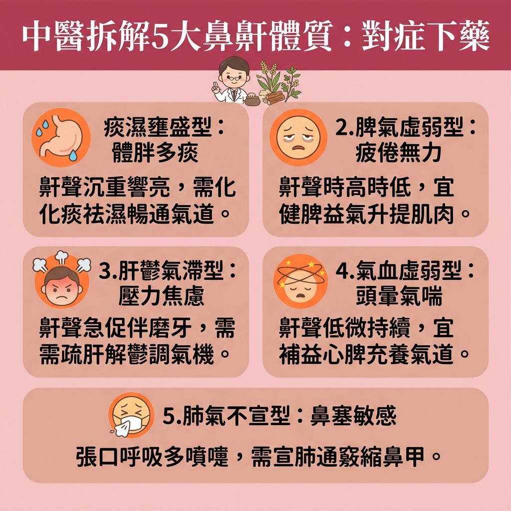 這是一張台灣健康部落格風格的 1:1 正方形扁平化資訊圖表,主題為探討「中醫拆解鼻鼾的五大體質」。圖表提供了實用的解決鼻鼾方法,幫助大眾改善睡眠質素(提升睡眠質素)。從中醫角度,若脾胃虛弱導致痰濕,會需要健脾化痰及減少痰液分泌;若肺氣不宣或氣血虛弱,則需調整氣血陰陽與疏通經絡氣血(針對全身經絡)。
許多人的打呼問題源於肥胖、舌頭後墜或肌肉過度鬆弛,進而引發嚴重的睡眠窒息症。為了保持呼吸道暢通、改善呼吸道阻塞及緩解鼻塞流涕,患者應前往專業診所尋求註冊醫師協助。
除了服用中藥進行中醫調理鼻鼾,大眾也可以透過針灸(針灸治療鼻鼾)或刺激特定穴位(如迎香穴與印堂穴)來進行穴位按摩通鼻塞。這些溫和的療法能有效舒緩鼻敏感症狀、改善用口呼吸,幫助暢通呼吸道,進而降低鼻鼾頻率與改善打呼嚕。若情況嚴重,建議安排睡眠測試診斷。及早介入不僅能減輕日間疲倦,更能有效預防心血管疾病,讓你重拾健康無憂的睡眠。