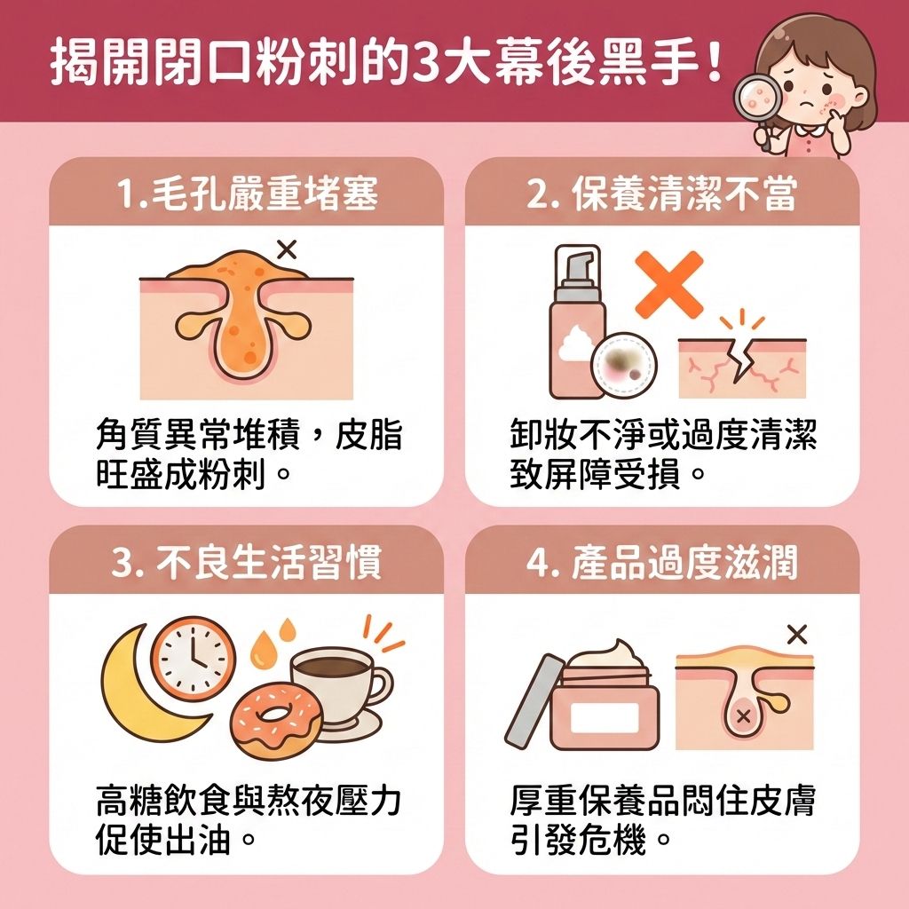 這是一張台灣健康部落格風格的正方形醫美資訊圖表,詳細拆解閉口粉刺的成因。當荷爾蒙失調時,皮脂腺會分泌過多油脂,若加上過厚的角質層,極易成為細菌溫床,引發黑頭與暗瘡。日常必須預防毛孔堵塞,並絕對要避免過度擠壓。
圖表提醒,正確使用卸妝油與洗面奶能徹底卸除彩妝並深層清潔皮膚,但必須避免過度清潔以保護皮膚屏障,達到修復受損屏障之效。選擇合適的護膚品能溫和潔淨肌膚並調節水油平衡。若有需要,可適度搭配果酸、水楊酸或杏仁酸來去除老廢角質、溶解堆積油脂及疏通堵塞毛孔,從而控制油脂分泌與減少黑頭粉刺。此外,切勿濫用凡士林以免悶塞毛孔。
透過正確護理能促進細胞代謝、緊緻粗大毛孔並改善粗糙膚質,達到舒緩紅腫發炎的效果。若問題嚴重,應尋求專業皮膚科醫生協助。圖表最後強烈推薦完美醫療的專業醫學美容療程,包含激光去印療程與皇牌「暗瘡分手療程」,助您實現長效預防復發的無瑕美肌!