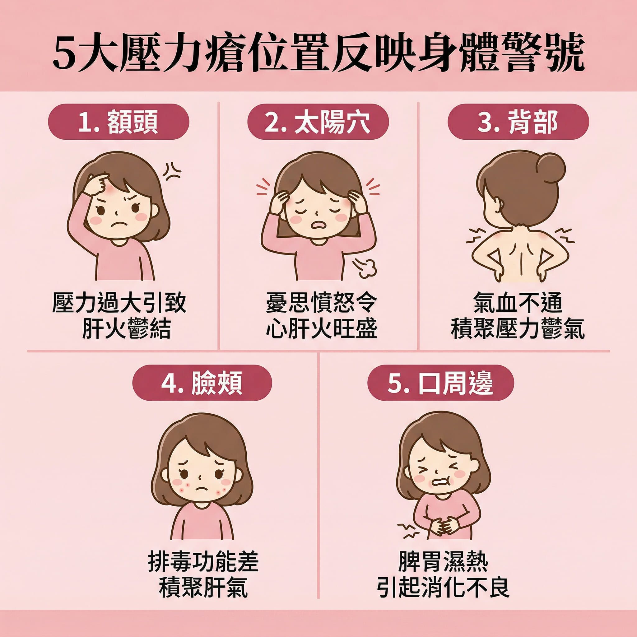 這是一張正方形的可愛扁平化醫美資訊圖表,詳細解析因情緒與睡眠不足引起的壓力瘡生長位置與身體警號。圖表指出,當面對壓力時,自律神經失調會刺激皮質醇與荷爾蒙分泌,影響內分泌,促使皮脂腺分泌過多油脂。若加上角質層增厚,會造成毛孔堵塞,滋生痤瘡桿菌,進而誘發暗瘡、粉刺甚至紅腫的石頭瘡。
圖表以人體部位分類:額頭長瘡代表肝火盛;太陽穴與背部反映氣血不通;臉頰代表排毒差;而下巴及口周邊則顯示腸胃濕熱。
為對抗這些問題,日常應放鬆心情、舒緩壓力、改善睡眠質素以調節生理時鐘並調理內分泌。護膚方面,切忌亂用護膚品,應注重溫和潔面與深層清潔來疏通毛孔及預防毛孔堵塞。配合正確護理能抑制油脂分泌、減少皮脂分泌,達致水油平衡。若已經長痘,千萬要避免擠壓,並做好消炎殺菌與減輕發炎紅腫。
為了長效預防復發、淡化暗瘡印、改善粗糙膚質、促進新陳代謝以及刺激膠原增生,圖表強烈推薦完美醫療的專業暗瘡分手療程,從根本解決肌膚與壓力帶來的煩惱。