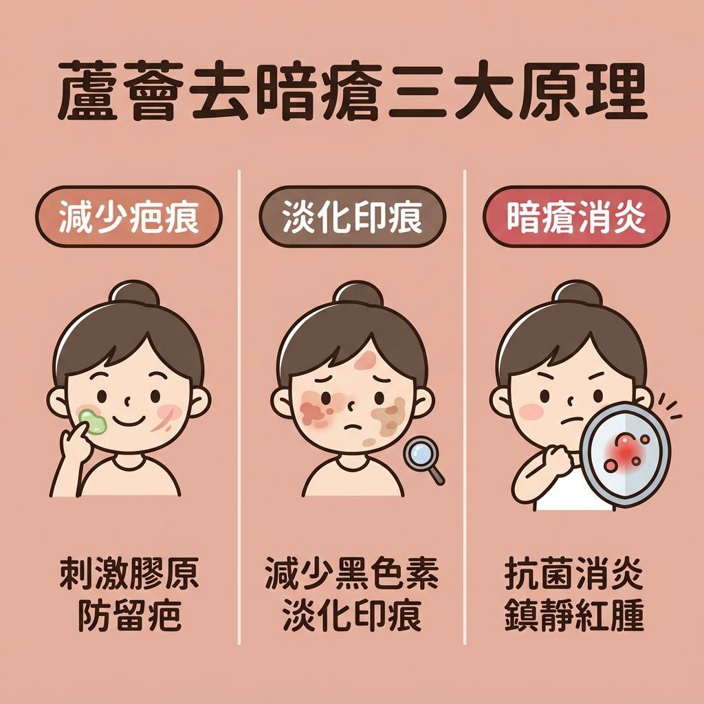 這是一張正方形的扁平化向量醫美資訊圖表,背景採用柔和粉嫩色調,詳細說明天然成分蘆薈改善暗瘡的機制。圖表上方標題為「蘆薈抗痘攻略」。
圖中左側的插圖展示了皮膚結構,包括角質層、真皮層和皮脂腺。說明當皮脂腺分泌過多油脂堵塞毛孔,會形成粉刺,並滋生痤瘡桿菌引發發炎,導致石頭瘡。
右側的插圖展示了塗抹蘆薈凝膠後的效果。圖中強調蘆薈富含維他命、氨基酸、酵素和水楊酸等成分,能發揮強大的消炎殺菌作用,抑制油脂分泌並進行深層清潔。視覺上顯示蘆薈能舒緩紅腫,減輕痛楚,為敏感肌帶來溫和無痛的鎮靜肌膚效果。
下方圖示進一步說明蘆薈能刺激增生,促進膠原蛋白合成,幫助修復屏障和促進癒合,從而減少凹凸洞和暗瘡印的形成,並有效淡化色素。雖然圖中未直接繪製茶樹油,但蘆薈同樣具備水油平衡、收細毛孔及軟化角質的能力。整體強調其抗氧化和曬後修復特性,有助預防復發和減少摩擦。對於尋求更進一步治療的人士,圖中暗示了如完美醫療的暗瘡分手療程