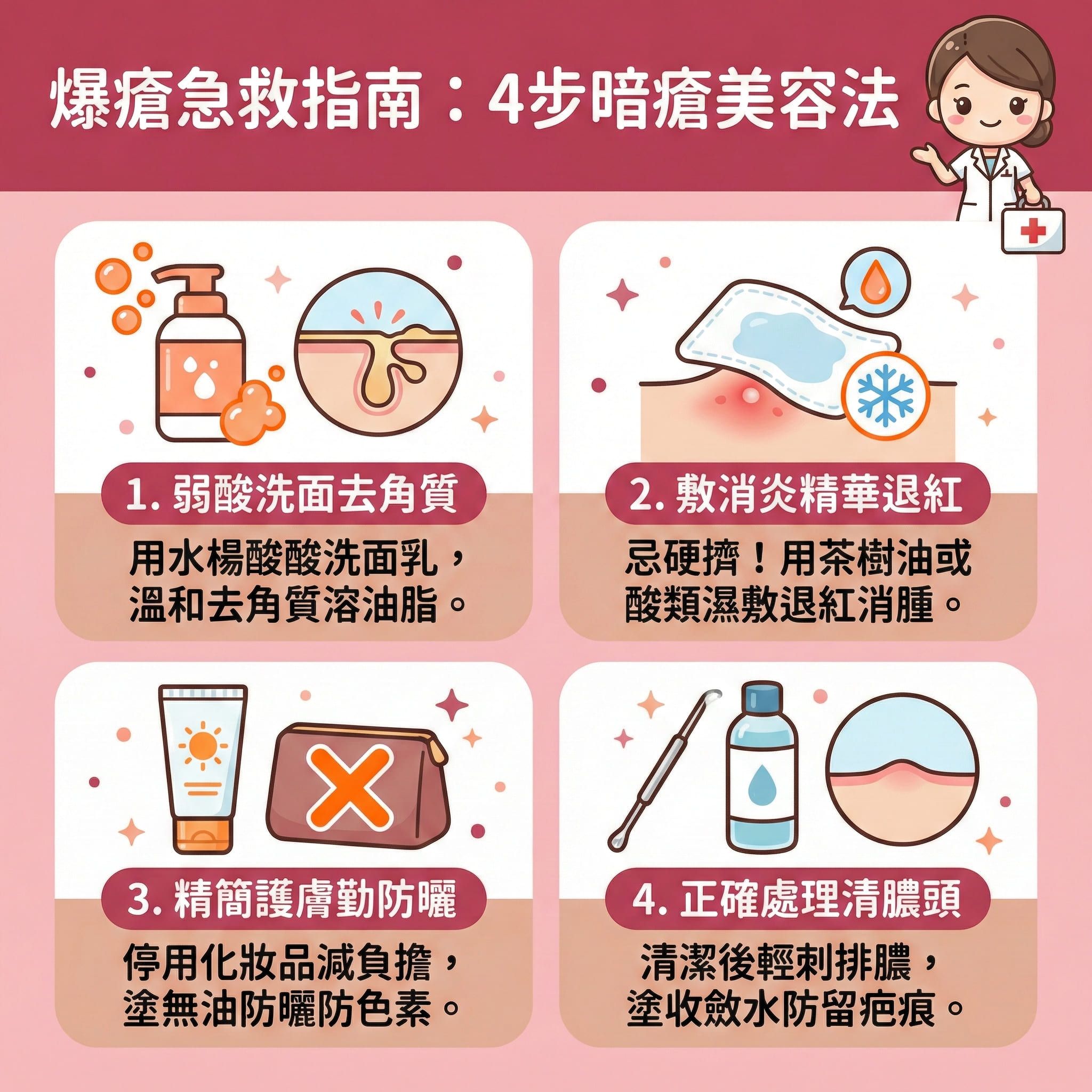 這是一張正方形的扁平化醫學美容資訊圖表,教導大家如何進行暗瘡急救與護理。圖表上方有一位專業的美容師,指出受荷爾蒙影響,皮脂腺會異常分泌,導致角質層增厚與毛孔堵塞,滋生痤瘡桿菌,進而形成黑頭、粉刺甚至嚴重的石頭瘡。
圖表分為四個步驟:第一步建議進行深層清潔,使用含水楊酸的洗面乳來溫和去角質與溶解黑頭,以抑制油脂分泌、疏通毛孔及達致水油平衡。第二步強調要消炎殺菌與減輕發炎紅腫,使用專用精華來清爽控油,切忌盲目自行擠壓。第三步提醒簡化護膚程序以修復皮膚屏障,並做好防曬以淡化色素。第四步教導正確處理膿頭,配合收斂水收細毛孔與改善粗糙膚質。若處理不當或胡亂針清,容易留下暗瘡印與凹凸洞。
為達到無痛清痘、有效去暗瘡印及撫平凹凸洞,圖表建議尋求美容院作專業評估。強烈推薦體驗完美醫療的專業暗瘡分手療程,配合果酸換膚與激光治療,能促進新陳代謝、刺激膠原增生,徹底改善膚質並長效預防復發。