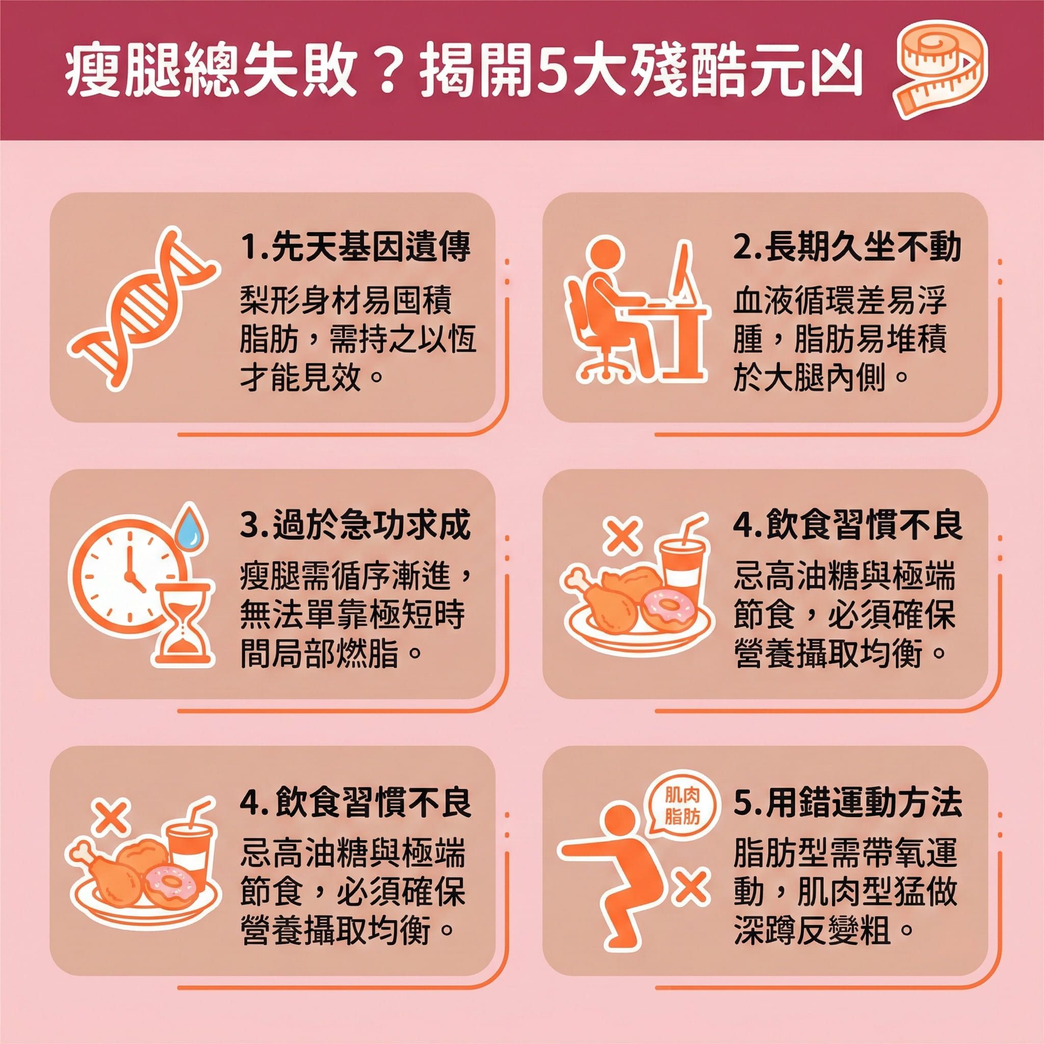 這是一張1:1正方形、台灣健康部落格風格的教育性資訊圖表。圖中詳細解析了為何總是無法瘦大腿與小腿。對於受先天基因影響、需要改善梨形身材的人來說,過多的脂肪與發達的肌肉是兩大難題。若日常久坐不動,會導致血液循環不佳與淋巴阻塞,引發嚴重水腫。為舒緩腿部疲勞與改善下半身水腫,必須促進血液循環並活化系統以疏通淋巴排毒。
飲食方面,我們需控制熱量攝取,精算卡路里,減少精緻碳水化合物並補充優質蛋白質與燕麥等高纖食物。搭配低碳飲食法,或在女性荷爾蒙變化的經期善用經期減肥法,能有效減少脂肪積聚。運動上,必須配合帶氧運動(如規律的帶氧運動)來提升基礎代謝與整體新陳代謝,從而燃燒腿部脂肪。做對運動能避免雙腿變粗,並能消除肌肉型小腿。
若想快速消除大腿贅肉,可考慮醫學美容的局部減脂療程。透過先進的無痛溶脂技術,如冷凍溶脂、射頻等高科技溶脂儀器,能精準進行醫美定位修形。香港完美醫療提供專業的專屬瘦身方案,助您收緊腿部線條並塑造修長美腿!