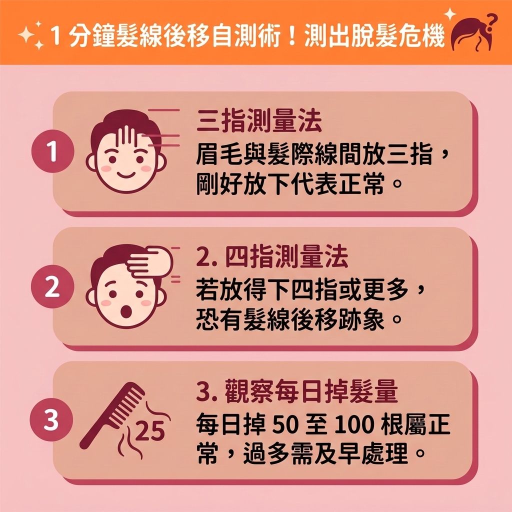 這是一張 1:1 正方形扁平化向量插畫,採用可愛台灣健康部落格風格,教你1分鐘自我檢測【脫髮早期先兆】。圖中解析【髮線後移成因】,不論是【男性脫髮危機】或【女性脫髮原因】,常因【遺傳】與體內【睪酮】等【荷爾蒙】異常轉化為【雙氫睪酮】,攻擊【真皮層】內的【毛囊】,導致【前額】與【額角】的【髮線】不斷後退,引發【雄性禿】與異常【脫髮】。
圖表提醒,若【皮脂腺】的【頭皮油脂分泌】過盛,且缺乏【蛋白質】與良好【血液循環】,會加劇落髮。要落實【預防脫髮方法】並【改善頭皮環境】,應及早進行【髮線後移治療】以【解決前額脫髮】。圖中建議,輕微者可使用含【米諾地爾】的【生髮水】,或口服【非那斯特萊】來【抑制男性荷爾蒙】。搭配含【鋸棕櫚】成分產品,能【強健脆弱髮根】、【激活休眠毛囊】、【刺激毛囊再生】並【延長生長週期】,達到【促進頭髮生長】、【增加頭髮密度】與【改善頭髮稀疏】的效果。
若【頭皮】受損嚴重,圖表建議尋求【專業生髮療程】或【植髮】手術。不想動刀者,也可考慮【無創增髮技術】或【醫療紋髮技術】,全面拯救頂上危機!