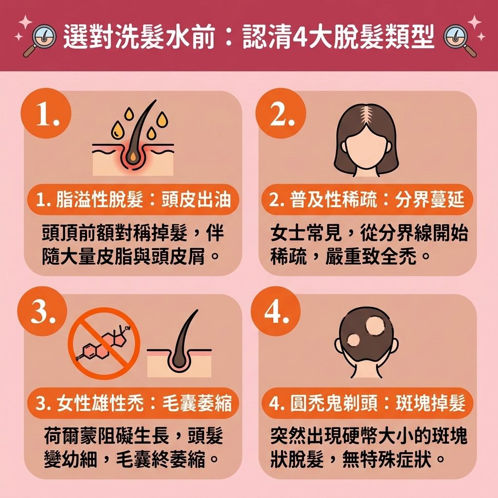 這是一張 1:1 正方形的扁平化向量資訊圖表插畫,採用台灣健康部落格風格,詳細解析4大【女性脫髮原因】。圖表說明了當體內【雌激素】失衡,【睪酮】轉化為【雙氫睪酮】等【荷爾蒙】問題時,會引發【遺傳性脫髮】及【雄性禿】。若【皮脂腺】異常導致【頭皮油脂分泌】過多,未做好【日常頭皮護理】與【解決毛孔堵塞】,將破壞【角質層】,引發【毛囊炎】與【脂溢性脫髮】,最終導致嚴重【脫髮】。
為了執行有效的【預防脫髮方法】並【改善頭髮稀疏】,圖表建議使用優質的【防脫髮洗頭水】(如含有【胺基酸】與【咖啡因】的【無矽洗頭水】)。這類產品能避開【矽靈】負擔,發揮【咖啡因洗髮露功效】,【溫和清潔頭皮】,【改善頭皮血液循環】與整體【血液循環】。
在【雄性禿治療】方面,醫學上可透過【抑制荷爾蒙】的【非那斯特萊】或塗抹含【米諾地爾】的【生髮水】,以【激活休眠毛囊】,【強健髮根】,【延長生長週期】,【減少掉髮】並【促進頭髮生長】。若要深入改善【頭皮】與【毛囊】健康,可進一步尋求【專業生髮療程】或【植髮】來徹底解決危機。