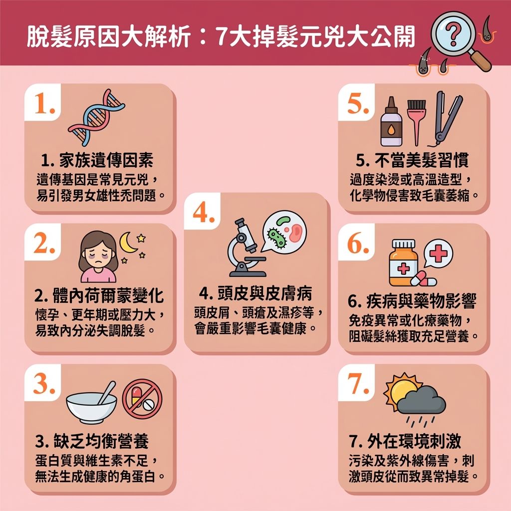 這是一張台灣健康部落格風格的 1:1 正方形資訊圖表,詳細解析了七大脫髮原因。無論是遺傳導致的雄性禿、皮脂腺分泌異常、還是荷爾蒙變化,都會影響頭皮與毛囊健康。想減少掉髮並改善頭髮稀疏,正確的頭髮保養步驟是關鍵。日常應維持良好的血液循環,並選擇能活化毛囊及滋養髮根的頭皮護理產品。
市面上有許多防脫髮精華與無矽生髮水,當中蘊含氨基酸、維他命、胜肽、咖啡因與生物素,能補充膠原蛋白與角蛋白,強韌髮絲並解決斷髮問題。針對不同需求,可選擇含何首烏、人參等天然生髮配方的產品,或是蘊含幹細胞技術的精華液,達到舒緩頭皮敏感及頭皮抗衰老的效果。
對於尋求改善產後脫髮的媽媽,應挑選安全的孕婦生髮產品;而一般男女適用生髮水或含米諾地爾的藥用生髮精華,則能有效刺激頭髮生長、促進頭髮生長並增加頭髮密度。為髮根注入充足營養,才是全面對抗脫髮的根本之道。
