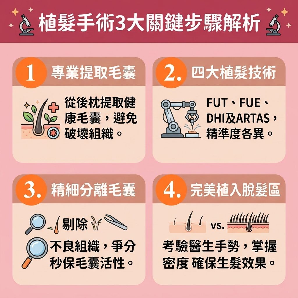 這是一張 1:1 正方形的可愛扁平化向量資訊圖表插畫,採用台灣健康部落格風格,詳細解析【植髮手術過程】與【植髮效果對比】。圖表分為三個主要步驟。
首先,面對因【荷爾蒙】失調及【雙氫睪酮】過高引發的【男性脫髮危機】或【解決女性脫髮】需求(如嚴重的【雄性禿】與【脫髮】),【植髮】是終極的【雄性禿治療方法】。圖中展示專業的【植髮醫生推薦】在局部【麻醉】下,從【捐髮區】(通常是後枕部)安全地【提取健康毛囊】。這裡比較了傳統【手術】(可能留有【疤痕】)與新型的【微創植髮技術】,說明如何避免【植髮失敗原因】。
第二步是分離【毛囊】,確保其在植入前保持高活性。第三步是將毛囊植入【受髮區】,【醫生】會精準控制種植【密度】,以確保最佳的【毛囊存活率】(【存活率】)並【改善頭髮稀疏】。健康的【頭皮】與【皮脂腺】環境能促進局部【血液循環】,幫助新髮順利進入【生長期】,避免過早進入【休止期】,從而【延長生長週期】並【減少掉髮數量】。
圖表下方還提供【術後頭皮護理】指南與【植髮恢復期】注意事項,教導如何避免【植髮後遺症】。同時建議搭配【生髮水】來【刺激毛囊再生】並作為【預防脫髮方法】。最後提醒民眾在尋求【專業植髮中心】時,應多做【植髮價錢比較】。