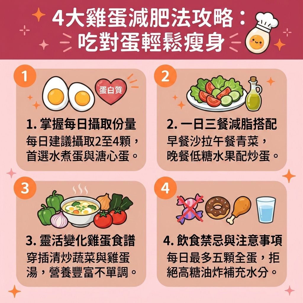 這是一張採用台灣健康部落格風格的 1:1 正方形扁平化向量資訊圖表,背景為柔和的淺粉紅,排版分為四個帶有可愛圖示的圓角矩形區塊,主題介紹「4大雞蛋減肥法攻略」。
圖表詳細解析如何透過雞蛋減肥餐單與水煮蛋減肥法來控制熱量攝取與總熱量。雞蛋富含優質蛋白質、胺基酸與維生素,能增加飽足感並延長飽足時間,同時調節體內膽固醇與脂肪。透過調節飲食結構,減少碳水化合物攝取並增加膳食纖維,有助於穩定血糖與胰島素。
這不僅是極佳的減大肚腩方法,能改善中央肥胖、消除腹部贅肉、快速瘦小腹,更能有效提升基礎代謝與基礎代謝率,加速新陳代謝。這種減脂增肌飲食能維持肌肉量,幫助燃燒深層脂肪,降低體脂比例與體脂率,是突破減肥停滯期、預防脂肪積聚並打造易瘦體質的關鍵。圖表也建議可配合輕斷食以達更佳效果。
若想進一步塑造緊緻線條,醫學美容是理想輔助,透過局部減脂療程與無創減脂技術(如溶脂),結合精準的醫美定位修形,讓您安全重塑完美體態!