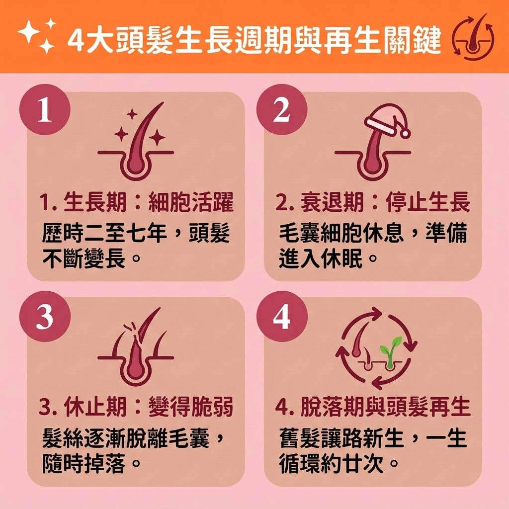 這是一張 1:1 正方形的可愛扁平化向量資訊圖表,採用台灣健康部落格的醫美風格,詳細解說【生長週期】與【頭髮再生】的奧秘。圖表指出,若【荷爾蒙】失調轉化為【雙氫睪酮】,會強烈攻擊【頭皮】的【毛囊】,加上【皮脂腺】異常,極易引發【雄性禿】與異常【脫髮】,導致頭髮無法順利進入下一個週期。
為了落實【預防脫髮方法】並【調理頭皮健康】,我們必須做好【頭皮深層清潔】與【改善頭皮環境】,並挑選合適的【防脫髮洗髮露】。日常應維持良好的【血液循環】以【改善頭皮血液循環】,幫助輸送並【補充頭髮營養】,例如攝取足夠的【蛋白質】、【維他命】、【鐵質】、【鋅質】與【生物素】。這些營養能幫助合成【角蛋白】與【膠原蛋白】,達到【滋養脆弱髮絲】與【強健脆弱髮根】的功效。
若要【解決前額脫髮】並【改善髮線後移】,圖表建議可使用含藥性的【生髮水】,或尋求【專業生髮療程】(如【激光生髮】)。這些專業對策能有效【激活休眠毛囊】、【刺激毛囊再生】並【延緩毛囊萎縮】,進而【延長生長週期】、【促進頭髮生長】、【減少掉髮數量】、【改善頭髮稀疏】與【增加頭髮密度】。若毛囊已嚴重壞死,最終亦可考慮【植髮】手術來重獲新生!