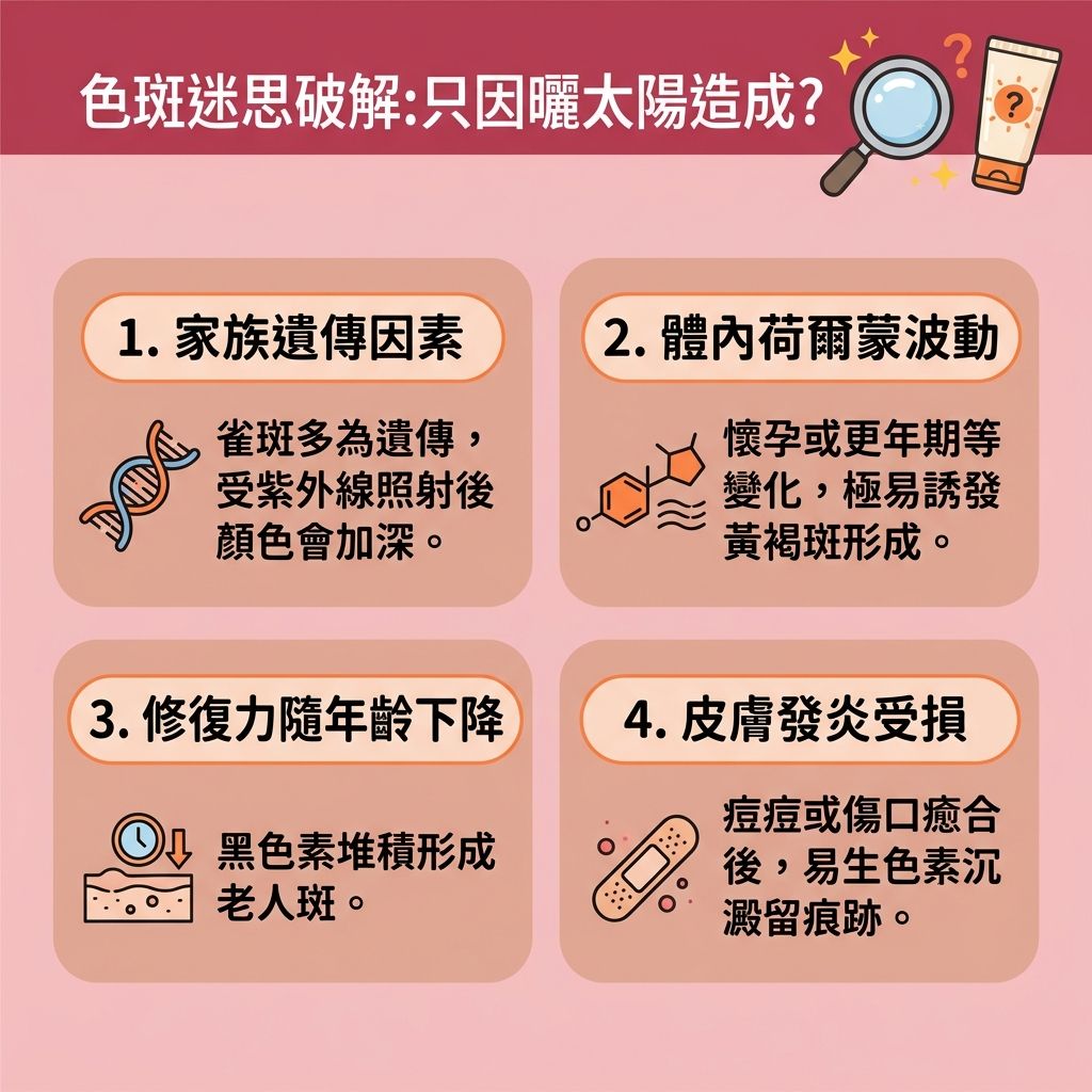 這是一張1:1的台灣健康部落格風格資訊圖表,主要探討色斑成因與如何【改善色素沉澱】的迷思。其實,【荷爾蒙】波動不只會導致色斑,也是探討【美人生鬚原因】(如【女生長鬍子】或臉部突然長出【粗硬毛髮】)的關鍵,特別是患有【多囊卵巢症】導致體內【雄性激素】過盛時。
很多人在搜尋【脫面毛邊間好】、【激光脫毛價錢】或進行【脫毛療程比較】時,會發現專業【脫毛公司】的【治療師】在處理【面部雜毛】、【唇毛】、【面毛】以至【全身脫毛】及【比基尼線】時,常使用【755nm】或【808nm】波長的【脫毛儀器】配合【冷凍劑】。這種【無痛激光脫毛】技術能直達底層【毛囊】,徹底破壞【鬚根】,不僅能達到理想的【永久脫毛效果】,更能【收細毛孔】,幫助女性輕鬆【去除小鬍子】。相比自行使用【剃刀】或【脫毛膏】(甚至上網搜尋【剃鬚膏推薦】),激光能減少刮傷表面【角質層】,是更安全的【毛髮倒生處理】方法,能有效【避免毛囊炎】,對於【敏感肌】尤為重要。
當然,進行【激光脫毛】(無論是否使用【學生脫毛優惠】)後,必須留意皮膚的【激光反應】與潛在的【激光脫毛副作用】。妥善的【脫毛後護理】與防曬同樣重要,能防止刺激底層【黑色素】增生,從而避免發炎後的色素沉澱,維持白滑無瑕肌膚。