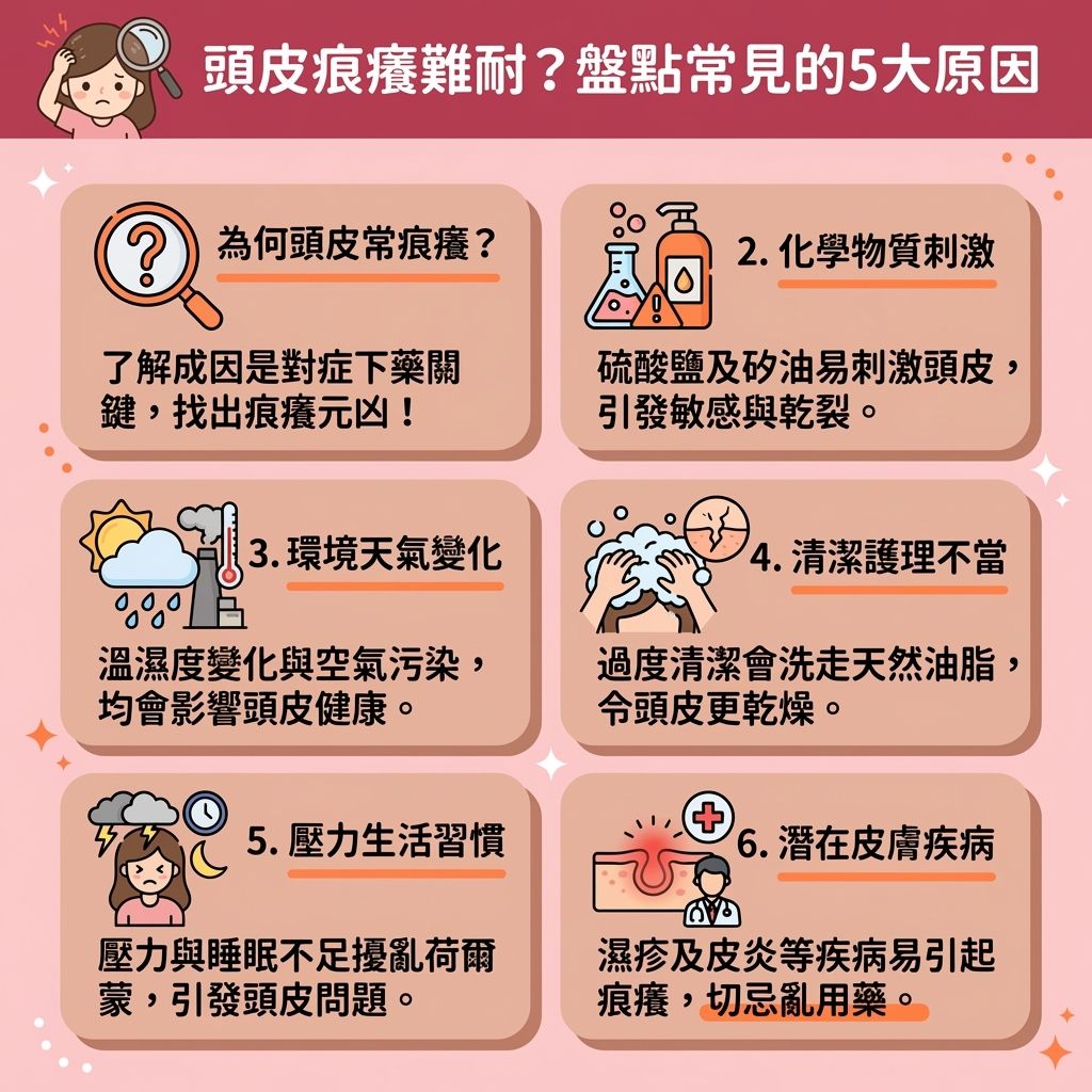 這是一張台灣健康部落格風格的 1:1 正方形資訊圖表,詳細解析了五個導致頭皮痕癢的元兇。許多人深受頭皮屑與頭瘡困擾,甚至引發頭皮痕癢脫髮危機。若想改善頭皮健康,我們必須了解毛囊與皮脂腺的運作。面對角質層受損與真菌感染,學習洗髮正確步驟至關重要。日常應選擇溫和潔淨且含氨基酸、蛋白質或維他命的無矽洗頭水,避免硫酸鹽與矽油刺激敏感肌。我們為您準備了止痕洗頭水推介與去頭皮屑洗頭水清單,涵蓋天然草本成分與蓖麻油配方,能滋潤頭皮並修復受損髮絲;針對嚴重問題,可考慮含水楊酸或酮康唑的抗黴菌洗頭水及頭瘡洗髮水,有效控油抗炎、解決頭皮發炎並減少油脂分泌。此外,壓力會影響免疫系統與荷爾蒙,導致脫髮,適時使用防脫髮洗髮露並進行深層清潔頭皮與促進血液循環的頭皮護理療程能舒緩頭皮敏感。若情況嚴重,請務必諮詢皮膚科醫生尋求專業協助。