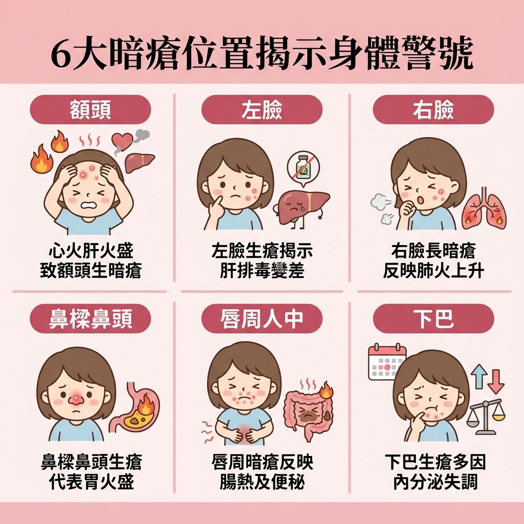 這是一張正方形的可愛扁平化醫美資訊圖表,深入分析不同的暗瘡位置反映的身體狀況。圖表中央有一個人臉地圖,標示了各個重點部位。
當額頭、太陽穴及髮際線長痘,通常反映心火盛與肝熱,需舒緩壓力、避免熬夜、改善睡眠質素與調節生理時鐘來清熱解毒。左臉頰長痘代表肝臟排毒不佳,需促進血液循環及提升排毒機能;而右臉頰則反映肺熱。
若鼻頭與鼻翼長痘,代表脾胃不佳,需改善腸胃濕熱及保持飲食清淡。唇周長痘顯示腸熱便秘,需調理五臟。最常見的下巴痘痘,則與內分泌及荷爾蒙失調有關,需調理內分泌及疏肝理氣。
除了內在調理,外在護理同樣重要。活躍的皮脂腺會分泌過多油脂,導致毛孔堵塞。我們應注重深層清潔與溫和去角質來疏通毛孔及預防毛孔堵塞,達致水油平衡、抑制油脂分泌與減少皮脂分泌。若已經發炎,需做好消炎殺菌。為了徹底解決肌膚煩惱,圖表強烈推薦完美醫療的專業暗瘡分手療程,由內到外重拾健康平滑肌膚。