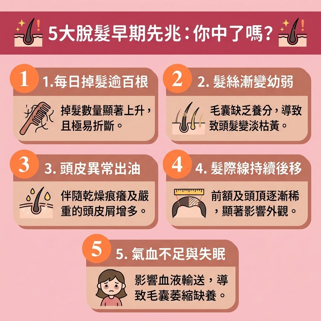 這是一張 1:1 正方形的扁平化向量資訊圖表插畫,採用台灣健康部落格風格,詳細解析5大【脫髮早期先兆】。無論是【女性脫髮原因】還是【男性脫髮危機】,當體內的【荷爾蒙】(如【睪酮】)轉化為【雙氫睪酮】時,會無情攻擊【前額】與【額角】的【毛囊】,引發嚴重的【雄性禿】與【髮線】後移。圖表指出,若【頭皮】的【皮脂腺】異常導致【頭皮油脂分泌】過剩,會影響【血液循環】與【蛋白質】的吸收,造成嚴重【脫髮】。
為有效【解決前額脫髮】與【改善頭髮稀疏】,圖表建議及早採取正確的【預防脫髮方法】來【改善頭皮環境】。醫學上可透過塗抹含有【米諾地爾】的【生髮水】或服用【非那斯特萊】來【強健脆弱髮根】、【延長生長週期】並【激活休眠毛囊】。此外,善用【鋸棕櫚】進行【鋸棕櫚防脫髮】也能幫助【抑制男性荷爾蒙】,從而【刺激毛囊再生】與【促進頭髮生長】。
若要進一步【增加頭髮密度】及進行【髮線後移治療】,除了尋求【專業生髮療程】與先進的【植髮】手術外,也可考慮【無創增髮技術】,例如配戴【織髮】或【假髮】來完美【遮蓋地中海】,重拾年輕與自信!