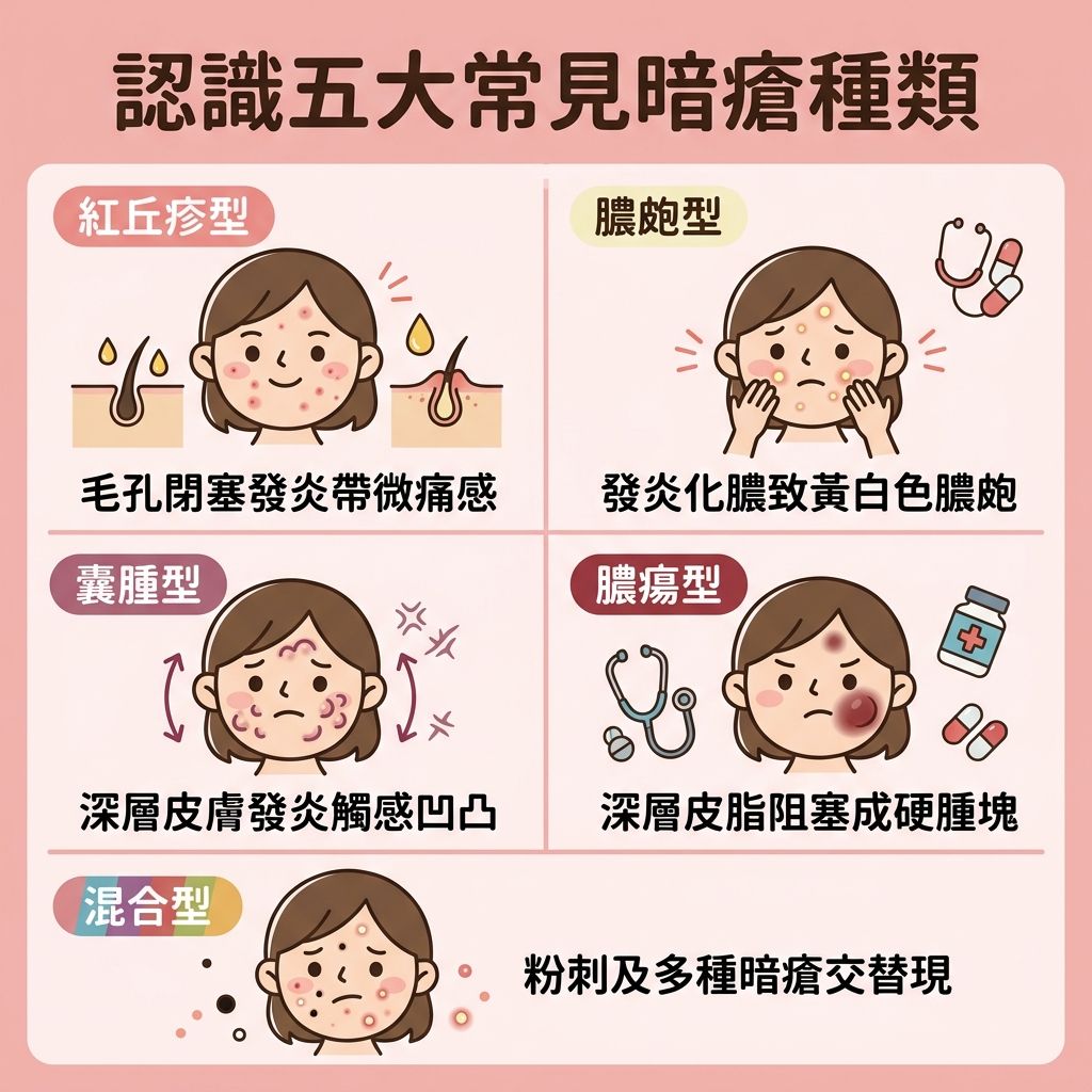 這是一張正方形的扁平化向量醫美資訊圖表,背景使用柔和粉色調,主題為「暗瘡種類全圖鑑」。
圖表由上至下分為五個區塊,詳細解析不同暗瘡 (Acne) 類型。
顯示紅丘疹型,說明油脂分泌過多導致毛孔堵塞與皮脂腺 (Sebaceous Glands) 發炎,建議徹底清潔及水油平衡。
展示膿瘡 (Pustules) 與黑頭粉刺 (Blackheads / Comedones),強調細菌感染與痤瘡桿菌 (P. acnes) 造成發炎紅腫。圖示警告避免擠壓以預防疤痕及淡化痘印。
描繪囊腫型與石頭瘡 (Cystic Acne),發炎深入角質層 (Stratum Corneum),指出荷爾蒙 (Hormones) 與紓緩生活壓力的重要性。建議使用水楊酸 (Salicylic Acid / BHA)、果酸 (AHA) 或茶樹油 (Tea Tree Oil) 幫助去除老廢角質。
介紹嚴重的膿瘍型,圖示建議醫療級換膚或激光治療 (Laser Treatment) 來抑制黑色素、刺激膠原增生 (膠原蛋白 (Collagen)) 及舒緩鎮靜。
提及混合型,建議專業皮膚分析與敏感肌膚護理。
圖表周圍裝飾包含治療元素如暗瘡貼 (Acne Patch) 用於吸收分泌物與加速傷口癒合,以及視黃醇 (Retinol)、異維A酸 (Isotretinoin / A酸)、抗生素 (Antibiotics) 與類固醇 (Steroids) 等藥物圖示。底部文字提醒注意紫外線 (UV Rays) 防護,調整飲食習慣,並推薦完美醫療 (Perfect Medical) 的專業協助。