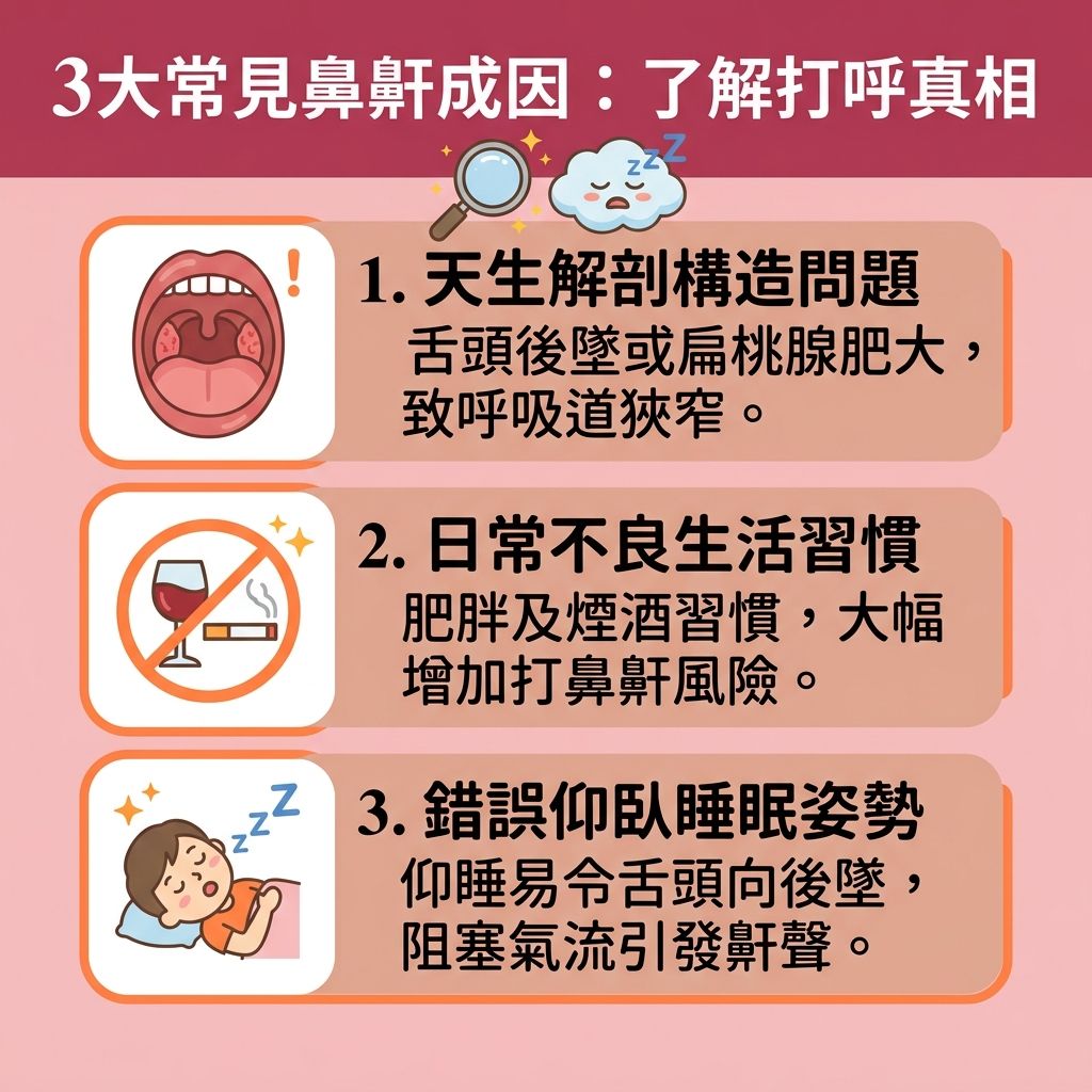 這是一張台灣健康部落格風格的 1:1 正方形扁平化資訊圖表,深入探討【鼻鼾】成因與多種【解決鼻鼾方法】。圖中指出,當【舌頭】與【軟顎】後墜,或【喉嚨】與【口腔】的【肌肉】鬆弛,會導致【呼吸道】狹窄,引發【氣流】受阻。這不僅會造成【鼻塞】,更可能演變成【睡眠窒息症】(即【睡眠呼吸中止症】),出現【改善睡眠缺氧】的需求並缺乏【氧氣】,嚴重影響【睡眠】。
為了【改善氣流阻塞】與【保持呼吸道暢通】,大眾常尋找【止鼻鼾神器推薦】並進行【止鼻鼾產品比較】。市面上有許多基於【物理止鼾原理】的【止鼾器】。其中,【頭帶】(常配有【魔術貼】設計,包覆【臉頰】)能有效【收緊下巴肌肉】並【固定下顎位置】。了解【止鼻鼾帶效果】可知,它能【防止用口呼吸】、【預防睡眠口乾】,並【減少打呼嚕】。雖然要注意潛在的【止鼾帶副作用】,但正確使用能【舒緩鼻塞症狀】。
此外,針對不同成因,也可考慮配戴【牙膠】支撐【下顎】、使用專業【呼吸機】清理【鼻腔】,並【調整不良睡姿】。這些方法能徹底幫助患者【減輕日間疲倦】,達到【提升睡眠質素】與【改善睡眠質素】的最終目標。