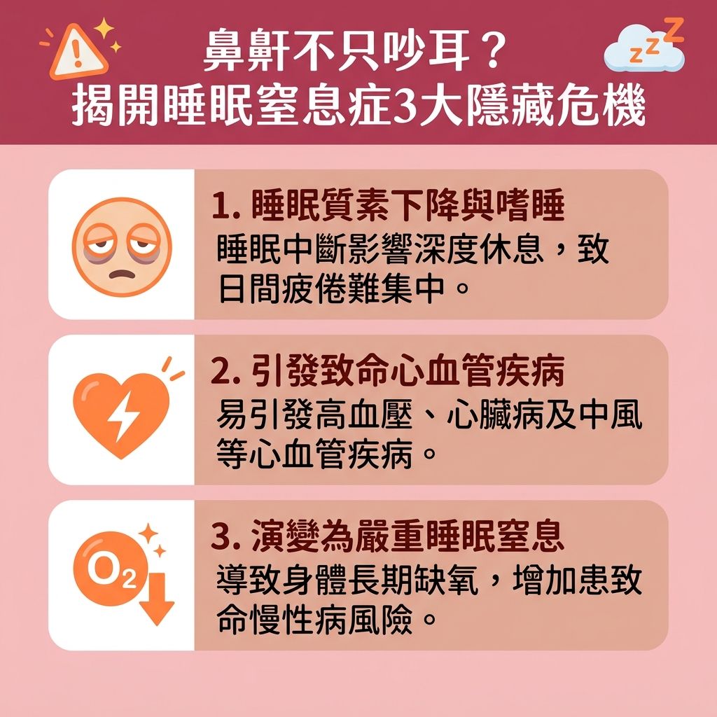 這是一張台灣健康部落格風格的 1:1 正方形扁平化資訊圖表,詳細解說【鼻鼾】帶來的健康風險,並提供多種【解決鼻鼾方法】。長期打呼不僅影響精神,更可能是嚴重的【阻塞性睡眠窒息症】。當【脂肪】積聚壓迫【呼吸道】、【喉嚨】與【軟顎】,或因【鼻敏感】與【鼻竇炎】導致【鼻腔】阻塞,都會造成【睡眠呼吸中止】。這會引發缺氧,必須及早【預防心血管疾病】並【減輕日間疲倦】以【降低停止呼吸頻率】。
為了【保持呼吸道暢通】與【改善呼吸道阻塞】,除了【側睡】、【防止舌頭後墜】、【改善用口呼吸】與【控制體重減鼻鼾】外,也可使用【生理鹽水】進行【洗鼻舒緩鼻敏感】來【改善鼻塞問題】及【舒緩喉嚨乾涸】。針對【肌肉】鬆弛,可以尋求【中醫】進行【穴位】按摩與【中醫調理鼻鼾】。
若懷疑患病,應前往【診所】尋求專業【醫生】進行【睡眠測試】與詳細的【睡眠測試診斷】。除了配戴【呼吸機】或進行【手術】,現在也有【安全無痛治療】的選項,如先進的【無創止鼾療程】。透過【激光】技術進行的【療程】,能有效【收緊喉嚨肌肉】,幫助您徹底遠離【睡眠窒息症】的困擾,全面【改善睡眠質素】。
