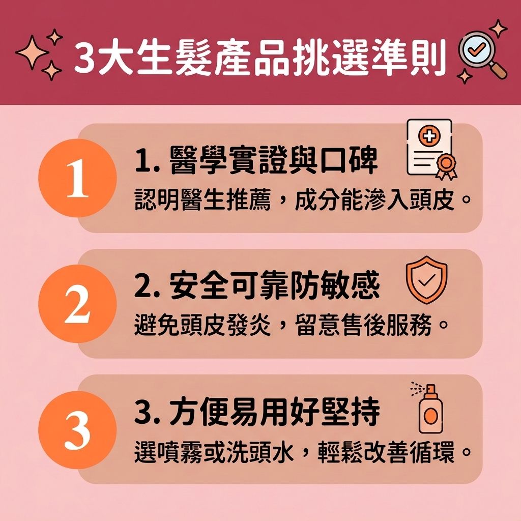 這是一張 1:1 正方形的可愛扁平化向量資訊圖表,採用台灣健康部落格風格,提供專業的【生髮產品推薦】。圖表教導大家面對【男性脫髮危機】或需要【解決女性脫髮】時的挑選準則。市面上對抗【脫髮】與【雄性禿】的產品眾多,如【生髮水】、【防脫髮洗頭水】(【洗頭水】)、【精華液】或【外用生髮精華】等【外用藥物】。
圖中說明,優質的產品應能穿透【角質層】深入【頭皮】,【補充頭髮營養】,並維持【皮脂腺】健康,作為良好的【日常頭皮護理】以【改善頭皮環境】。含有【咖啡因】或【米諾地爾】成分的產品能【改善頭皮血液循環】(促進整體【血液循環】),進而【激活休眠毛囊】、【刺激毛囊再生】並【促進頭髮生長】。
針對因【荷爾蒙】失調、體內【雙氫睪酮】過高引起的掉髮,醫生可能會建議使用【非那斯特萊】等【口服藥】,以【抑制荷爾蒙】,發揮最佳【生髮藥物效果】。這些方法能【強健脆弱髮根】、【延長生長週期】、【減少掉髮數量】並【改善頭髮稀疏】。同時,圖表提醒要注意【生髮水副作用】(及其他【副作用】)。若情況嚴重且【毛囊】萎縮,圖表也建議尋求【生髮療程】、【專業生髮療程】甚至【植髮】來徹底解決三千煩惱絲。