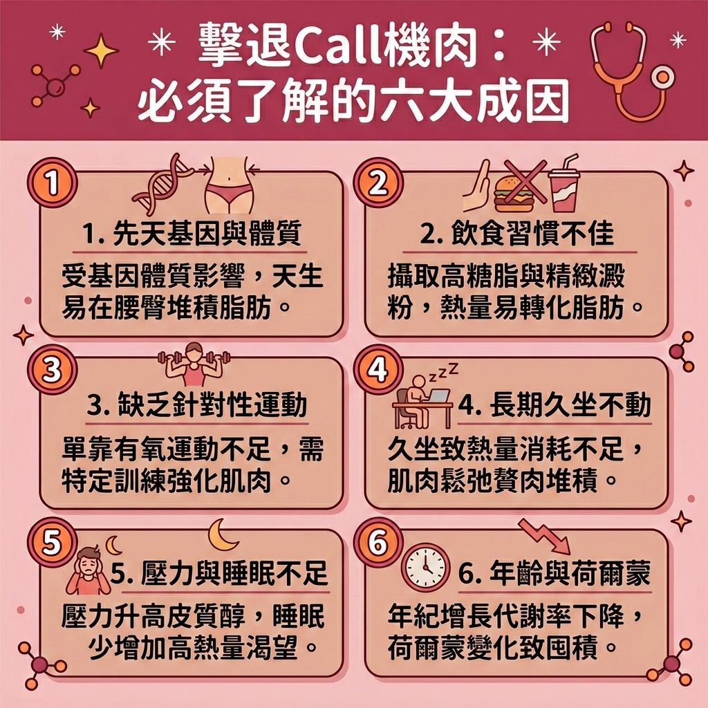 這是一張 1:1 正方形的扁平化向量資訊圖表,深入探討下半身肥胖成因。圖表列出導致大腿外側與腰側出現贅肉的六大原因。首先,久坐缺乏運動會影響血液循環與淋巴系統,導致水腫,必須改善血液循環與促進淋巴排毒才能改善下肢水腫。其次,不良姿勢引發的假胯寬與骨盆問題,需要矯正骨盆前傾來改善假胯寬問題。
飲食方面,若未控制熱量攝取創造熱量赤字,過多卡路里會讓脂肪細胞與皮下脂肪囤積。年齡與雌激素變化也會降低基礎代謝率與肌肉量,增加臀部脂肪。
針對消除call機肉方法與減大腿外側贅肉,單靠全身有氧運動或伸展運動有時難以擊退頑固脂肪。要燃燒深層脂肪並減少脂肪囤積,可考慮醫學美容的局部減脂療程。透過無創減脂技術如微波溶脂、射頻或一般溶脂技術,進行精準的醫美定位修形。這能有效突破減肥停滯期,幫助塑造腿部線條、緊緻大腿皮膚,最終達到提升臀部線條的完美效果。