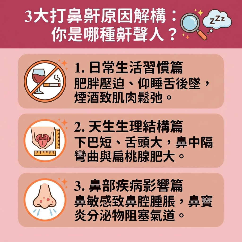 這是一張台灣健康部落格風格的 1:1 正方形扁平化資訊圖表,詳細解構【鼻鼾】與【睡眠窒息症】的三大成因,並探討【解決鼻鼾方法】。許多人因頸部【脂肪】過多、或【喉嚨】、【軟顎】及周邊【肌肉】鬆弛,導致【呼吸道】受阻,引發嚴重的【阻塞性睡眠窒息症】。這會造成頻繁的【睡眠呼吸中止】,患者急需【改善睡眠質素】(維持優良【睡眠質素】)並【減輕日間疲倦】以【降低停止呼吸頻率】。
在生理與疾病方面,【鼻腔】結構異常、嚴重的【鼻敏感】或【鼻竇炎】都會加劇症狀。日常可透過【生理鹽水】進行【洗鼻舒緩鼻敏感】以【改善鼻塞問題】及【舒緩喉嚨乾涸】;同時建議採取【側睡】來【防止舌頭後墜】及【改善用口呼吸】。
為了【保持呼吸道暢通】與【改善呼吸道阻塞】,建議尋求專業【診所】的【醫生】進行【睡眠測試】與詳細的【睡眠測試診斷】。輕度者可嘗試尋求【中醫】按壓【穴位】進行【中醫調理鼻鼾】,或配合【控制體重減鼻鼾】。嚴重者除了考慮配戴【呼吸機】或進行傳統【手術】外,現在也有【安全無痛治療】的選項,如透過【激光】進行的【無創止鼾療程】。這類【療程】能有效【收緊喉嚨肌肉】,幫助您及早【預防心血管疾病】,重拾健康睡眠。