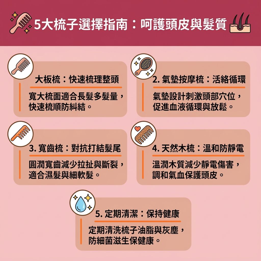 這是一張台灣健康部落格風格的 1:1 正方形資訊圖表,主題為梳子種類推薦與梳頭好處。圖表教導大家正確梳頭方法與護髮梳頭順序,並強調洗頭前梳頭能有效清潔頭皮污垢(去除污垢與老廢角質)。
選擇合適的梳子(如氣墊梳或豬鬃毛梳)能按摩頭皮穴位(刺激穴位與經絡),有效舒緩頭部壓力。透過氣墊梳按摩能促進血液循環(改善頭皮的血液循環),加速新陳代謝,從而刺激毛囊生長、喚醒毛囊,這對改善脫髮問題與梳頭防掉髮有極大的幫助。
正確的梳頭方向技巧配合適當的梳頭次數建議,能將皮脂分泌的分泌天然油脂均勻帶到髮絲與髮尾,若搭配護髮油更能促進毛鱗片閉合。這能有效預防頭髮靜電(減少靜電)、撫平毛躁頭髮,並減少髮絲斷裂。遇到糾結時,應先梳開打結頭髮,從髮根到髮尾溫和梳理,全面保護頭髮健康,避免異常脫髮。
