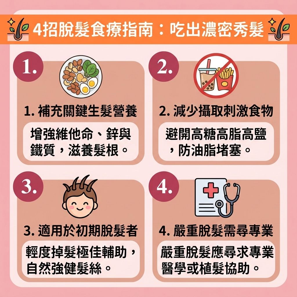 這是一張 1:1 正方形扁平化向量圖,以可愛的台灣健康部落格風格介紹【脫髮食療】與【預防脫髮方法】。想要【解決掉髮問題】並【改善頭髮稀疏】,必須攝取【防脫髮食物】以【補充頭髮營養】。透過進食【豐富蛋白質食物】(如【雞蛋】與【黑豆】),能補充【蛋白質】與【角蛋白】,更可攝取【膠原蛋白】以【滋養脆弱髮絲】。
圖表建議多吃含【鐵質】的【菠菜】來【改善貧血脫髮】,並攝取含【生物素】與【鋅質】的【核桃】、【海帶】,加上【維他命】,幫助【強健脆弱髮根】與【刺激毛囊再生】。結合【中醫脫髮調理】理念,針對【腎虛】與【氣血】不足,推薦食用【黑芝麻】與【何首烏】來【調理肝腎氣血】。
這些營養能【改善頭皮環境】並【平衡頭皮油脂】,保護【頭皮】與【毛囊】,【促進頭皮血液循環】(維持良好的【血液循環】)。藉此【激活休眠毛囊】、【延緩毛囊老化】,達到【減少掉髮數量】、【促進頭髮生長】與【增加頭髮密度】的完美效果!