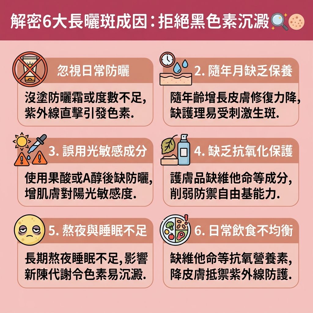 這是一張台灣健康部落格風格的 1:1 正方形扁平化資訊圖表,詳細分析了【曬斑成因】與預防方法。當肌膚的【表皮層】、【真皮層】及【角質層】受到強烈【紫外線】侵襲,底層的【黑色素細胞】會變得活躍,產生大量【黑色素】。若日常未落實正確的【物理防曬方法】(例如使用含有【二氧化鈦】與【氧化鋅】的【物理防曬】產品,或選擇優質的【化學防曬】【防曬霜】),便極易形成【曬斑】、【雀斑】、【老人斑】與【荷爾蒙斑】等各類惱人的【色斑】。
為了【預防色斑形成】與【預防黑色素沉澱】,我們必須【抵抗自由基】。選用具備抗氧化功效的【護膚品】來【抵禦光老化】及【防止肌膚老化】,能有效【阻截黑色素】、【提亮膚色】與【改善暗沉肌膚】。同時,維持充足睡眠與均衡飲食有助【促進新陳代謝】,幫助【解決色素沉澱】與【改善膚色不均】。
若想快速【去除色斑】、【淡化曬斑】與實現【美白去斑】,尋找專業機構的【去斑療程推薦】是最佳對策。現時的【激光】與【皮秒激光】技術能精準【擊碎深層黑色素】,不僅【激光去斑效果】極為顯著,更能【刺激膠原增生】,喚醒肌底流失的【膠原蛋白】,讓你重拾健康無瑕的白滑肌膚。