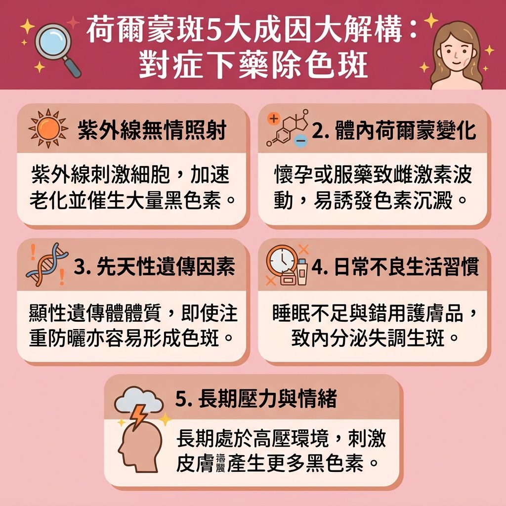 這是一張台灣健康部落格風格的 1:1 正方形扁平化資訊圖表,詳細剖析【荷爾蒙斑成因】與應對方法。圖表介紹了俗稱【黃褐斑】、【肝斑】或【蝴蝶斑】的【荷爾蒙斑】。這種【深層色斑】與一般【淺層色斑】(如【雀斑】與【太陽斑】)不同。當人體【雌激素】改變,特別是出現【產後荷爾蒙斑】時,加上【紫外線】侵襲,會導致【黑色素】在【角質層】堆積。
為了【預防色斑形成】與【阻截黑色素形成】,日常除了做好【防曬】與慎選【護膚品】,更要【促進新陳代謝】以【預防黑色素沉澱】及【解決色素沉澱】。若想徹底【去除黃褐斑】、【淡化色斑】並【美白去斑】,尋求專業【診所】的【醫生】進行【荷爾蒙斑治療】是最佳選擇。
現時熱門的【去斑療程推薦】包括【激光】與【皮秒激光】等先進【療程】。這些【無痛去斑技術】能精準【打散黑色素】,不僅有極佳的【激光去斑效果】,還能【刺激膠原增生】(喚醒底層的【膠原蛋白】),全面【改善膚色不均】。在了解各大機構的【激光去斑價錢】後,及早治療才能告別各類【色斑】,重拾淨白無瑕肌膚。
