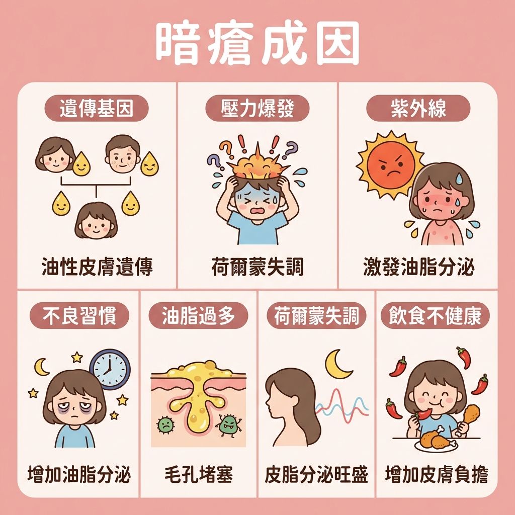 這是一張正方形的扁平化向量醫美資訊圖表,背景採用#F4C2C2粉色調,主題解析七大暗瘡 (Acne) 成因。
圖表詳細描繪了導致油脂分泌過多與毛孔堵塞的因素。
遺傳與荷爾蒙 (Hormones):說明皮脂腺 (Sebaceous Glands) 活躍度受基因影響,以及生理期荷爾蒙失調如何影響角質層 (Stratum Corneum) 代謝。
壓力與生活習慣:展示紓緩生活壓力與調整飲食習慣的重要性,警告睡眠不足會加劇發炎紅腫與細菌感染,助長痤瘡桿菌 (P. acnes)。
環境因素:圖示強調紫外線 (UV Rays) 對皮膚的傷害,需徹底清潔及水油平衡來預防黑頭粉刺 (Blackheads / Comedones) 惡化成膿瘡 (Pustules) 或石頭瘡 (Cystic Acne)。
圖表周圍裝飾包含治療對策的圖示,如使用水楊酸 (Salicylic Acid / BHA)、果酸 (AHA) 或茶樹油 (Tea Tree Oil) 進行去除老廢角質。亦提及嚴重情況需尋求專業皮膚分析,使用異維A酸 (Isotretinoin / A酸)、抗生素 (Antibiotics)、視黃醇 (Retinol) 或類固醇 (Steroids)。底部建議使用暗瘡貼 (Acne Patch) 吸收分泌物及加速傷口癒合,並避免擠壓以預防疤痕。對於頑固暗瘡,推薦醫療級換膚或激光治療 (Laser Treatment) 以抑制黑色素、淡化痘印並刺激膠原增生 (膠原蛋白 (Collagen)),達致舒緩鎮靜與敏感肌膚護理,並推薦完美醫療 (Perfect Medical) 的服務。