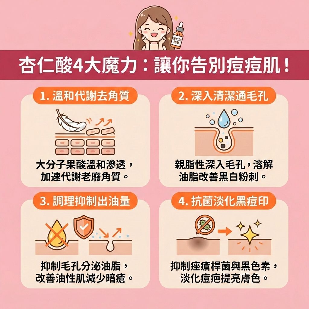 這是一張台灣健康部落格風格的正方形醫美圖表,解說杏仁酸的4大功效。杏仁酸是果酸的一種,比水楊酸更為溫和。當皮脂腺過度活躍,導致油脂堵塞毛孔與角質層時,容易形成粉刺、黑頭及暗瘡。
使用杏仁酸精華液能溫和去除角質並疏通堵塞毛孔,幫助控制油脂分泌與調節水油平衡,從而減少黑頭粉刺並預防暗瘡形成。針對發炎的痘痘,它能舒緩紅腫發炎與減輕痕癢不適。同時,它能抑制黑色素,幫助淡化色素沉澱(有效減少暗瘡印)、改善粗糙膚質及提亮暗沉膚色。
對敏感肌而言,它能加速細胞代謝並溫和潔淨肌膚,有助於收細粗大毛孔。新手初期需建立肌膚耐受,可能經歷短暫的爆痘期,日常必須做好保濕防曬,搭配保濕霜與防曬產品,並避免過度刺激以修復受損屏障與鞏固皮膚屏障。若膚況嚴重,建議尋求專業皮膚科醫生協助。圖表下方特別推薦香港醫學美容權威完美醫療的激光煥膚療程與皇牌「暗瘡分手療程」,助您安全重獲健康發光肌!
