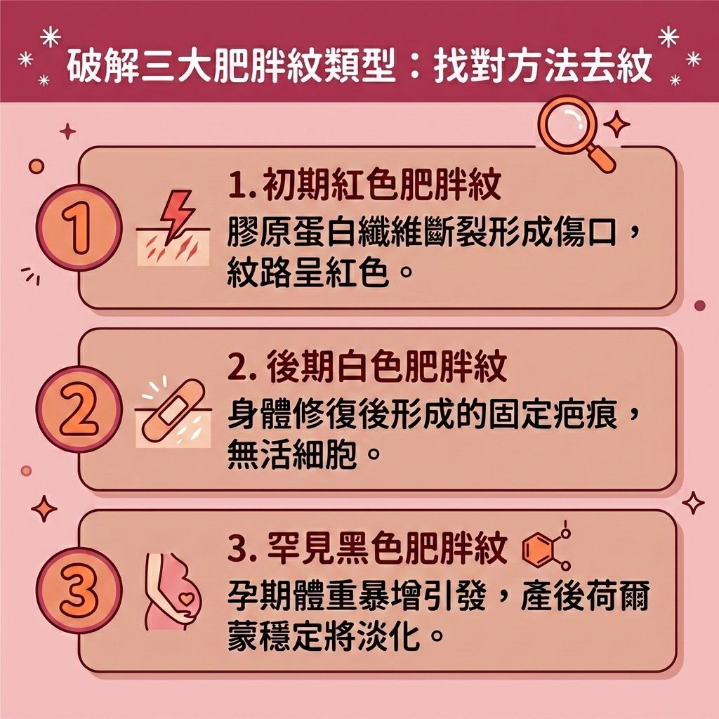 這是一張 1:1 正方形的扁平化向量資訊圖表插畫,嚴格採用指定的台灣健康部落格懶人包風格。圖表以可愛、具教育性與醫美感的方式解析「破解三大肥胖紋類型」,底部保持純淨留白。
圖表詳細分析了肥胖紋(包含妊娠紋與生長紋)的不同階段。探討肥胖紋成因,通常是因為體重急速變化(例如體重暴增或不當使用類固醇),導致皮下脂肪與脂肪細胞快速增加,造成皮下脂肪膨脹,進而撐破真皮層的膠原蛋白與彈性纖維。
初期會經歷肥胖紋紅色白色階段中的紅色期,此時應重視預防肥胖紋產生並積極尋找消除肥胖紋方法。若未及時處理,紋路會轉為白色固定疤痕,且常伴隨橘皮組織,讓人急需改善凹凸不平的皮膚表面。而罕見的黑色紋路多與孕期荷爾蒙劇烈變化有關,常見於腹部、大腿與臀部。
想要有效淡化生長紋、改善皮膚鬆弛及解決減肥皮膚鬆弛問題,單靠塗抹玻尿酸與維他命來提升肌膚保水度效果有限。專業的醫學美容是最佳的醫美去紋推薦!透過無創去紋療程(如激光與射頻技術),能深入刺激真皮層修復,促進膠原蛋白增生並恢復皮膚彈性。若再搭配能燃燒深層脂肪的局部減脂療程與專業的產後修身療程,不僅能有效去紋,更能緊緻身體線條,全面重拾平滑美肌!