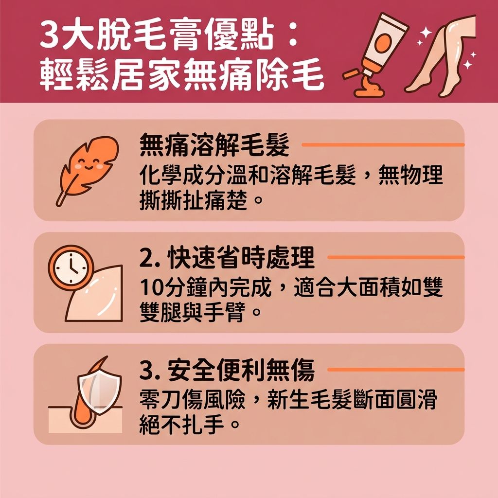這是一張呈現台灣健康部落格風格的 1:1 正方形扁平化向量資訊圖表,詳細介紹了脫毛膏的優勢與脫毛膏正確用法。許多人在除毛時害怕蜜蠟的撕扯,或擔心使用剃刀及鑷子帶來的拔毛後遺症(如不慎刮傷皮膚、難以避免皮膚灼傷、引發炎症與解決毛囊發炎的困擾)。相比之下,脫毛膏是一種極佳的溫和脫毛方法,利用安全的化學物質溶解毛髮中的蛋白質,不會傷害毛囊或造成毛孔粗大。
圖表特別提醒,敏感肌在使用前需留意化學成分致敏風險與脫毛膏副作用。在進行腋下脫毛步驟(處理腋下與汗毛)或留意面部脫毛注意(去除面毛)時,應先軟化老化角質與角質。完成後需為肌膚補足水分,做好脫毛後護理保養,這有助於修復受損屏障、舒緩脫毛紅腫,同時能減少色素沉澱(避免黑色素累積)、改善皮膚粗糙並有效預防毛髮倒生。
若正在尋找敏感肌脫毛推薦的長效方案,圖表建議諮詢專業醫生,考慮進行激光脫毛療程。透過先進的無痛激光脫毛與激光技術,能安全達到理想的永久脫毛效果,擁有持久平滑的肌膚。