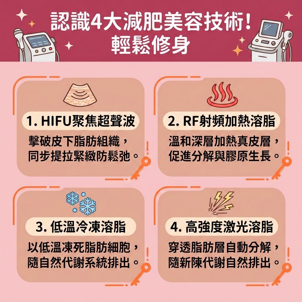 這是一張1:1正方形、台灣健康部落格風格的教育性資訊圖表,詳細介紹四種常見的減肥療程。當我們面臨體重停滯、體脂率居高不下,或是受荷爾蒙影響出現水腫時,除了日常必須控制熱量攝取(精算卡路里)、攝取足夠蛋白質以維持肌肉並預防肌肉流失,以及落實健康體重管理、配合帶氧運動(如規律的帶氧運動)來提升基礎代謝與減少脂肪積聚外,許多人會尋求醫學美容的幫助,以突破減肥停滯期。
圖中展示了多種安全無痛減肥的專屬瘦身方案與局部減脂療程。利用先進的無痛溶脂技術,例如超聲波、射頻、冷凍溶脂及激光溶脂,能夠精準進行醫美定位修形。這些技術能有效燃燒體內脂肪、消除頑固脂肪(破壞深層脂肪),並透過促進血液循環(加強血液循環)與活化淋巴來疏通淋巴排毒。除了加速新陳代謝,更能有效改善水腫問題。療程中還能刺激膠原增生(補充膠原蛋白),達到收緊鬆弛肌膚與塑造緊緻線條的雙重效果。香港完美醫療提供專業評估,助您輕鬆擁有完美體態!