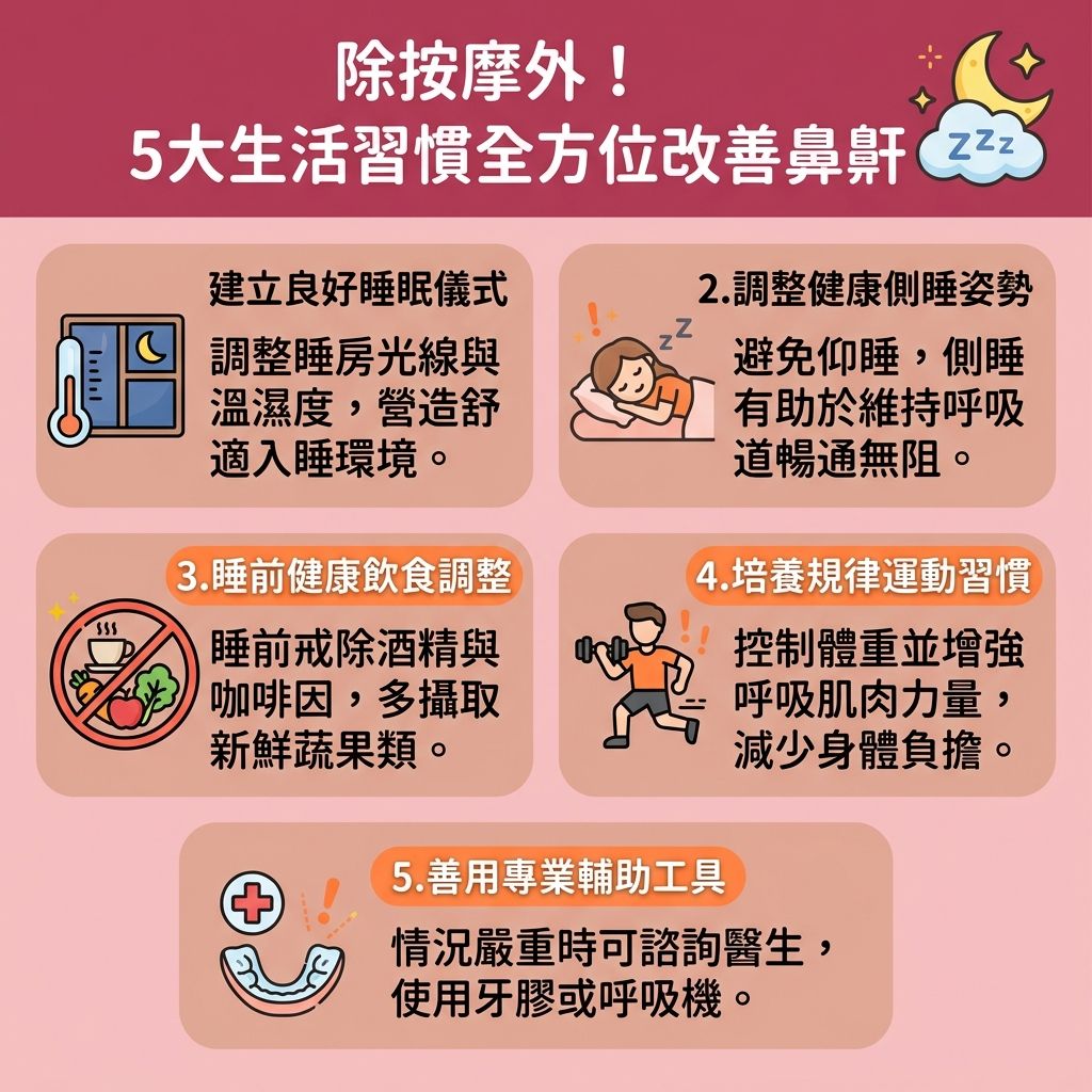 這是一張台灣健康部落格風格的 1:1 正方形扁平化資訊圖表,教導大家實用的【物理止鼾方法】與【解決鼻鼾方法】。透過【中醫】的【穴位】【按摩】(包含正確的【穴位按壓技巧】與【睡前按摩放鬆】),能有效【疏通經絡氣血】與【促進面部血液循環】,是極佳的【中醫調理鼻鼾】方式。
圖表圖文並茂地展示了【迎香穴】(位於【鼻翼】旁)、【印堂穴】等四大穴位。進行【穴位按摩通鼻塞】能【緩解鼻塞流涕】並【舒緩鼻敏感症狀】,徹底拯救受【鼻敏感】與【鼻塞】困擾的【鼻腔】。當體內【氣血】與【經絡】暢通,便能【放鬆喉嚨肌肉】,避免【舌頭】與【軟顎】等【肌肉】過度緊繃,有效【改善呼吸道阻塞】並【保持呼吸道暢通】(暢通【呼吸道】與【喉嚨】)。
這不僅能幫助【改善用口呼吸】,更能【降低鼻鼾頻率】與【減少打呼嚕】。對於頻繁打【鼻鼾】甚至有【睡眠窒息症】風險的人而言,此舉能預防睡夢中缺乏【氧氣】,進而【預防睡眠呼吸中止】。長期堅持能【提升睡眠質素】(全面【改善睡眠質素】)與優化【睡眠】體驗,最終成功【減輕日間疲倦】。