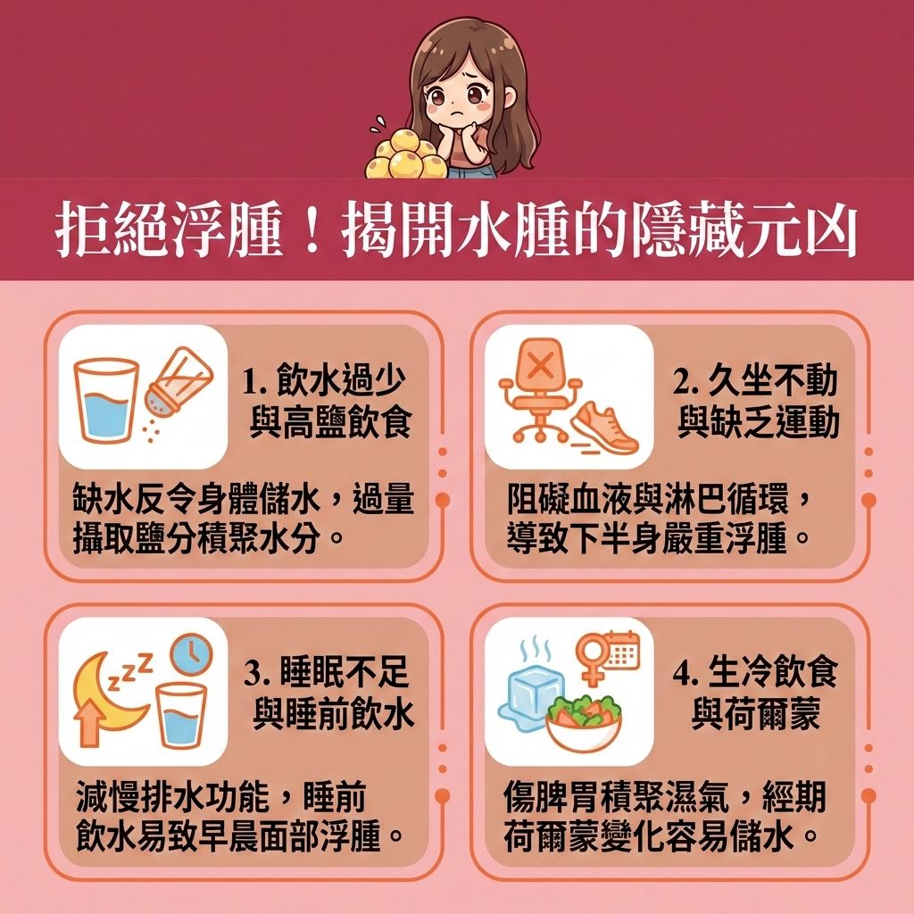 這是一張台灣健康部落格風格的16:9醫美資訊圖表,幫助大家找出水腫元凶並消除面部浮腫與消除下半身水腫。圖中的長髮女生正因水腫而苦惱。日常過多鹽分與鈉質會導致水分滯留,我們應減少鈉質攝取,並多補充鉀質以排除體內多餘水分與促進水分排出。
針對濕氣重與荷爾蒙變化引起的浮腫(如改善經期水腫),建議飲用去濕茶飲(如紅豆水、薏米水、含咖啡因的黑咖啡或綠茶)來幫助利尿。久坐容易引起靜脈曲張,要舒緩久坐浮腫與改善靜脈曲張,每晚可做睡前抬腿動作來改善血液回流。
日常必須配合帶氧運動(如規律帶氧運動)以提升新陳代謝(促進新陳代謝)、加強血液循環(促進血液循環與促進微循環),並活化淋巴系統以疏通淋巴排毒。此外,透過針對性的穴位進行按摩(按摩去水腫穴位),能有效舒緩雙腿浮腫並預防水分滯留。若尋求醫學美容協助,香港完美醫療提供專業的醫美去水腫療程,助您輕鬆回復輕盈體態!