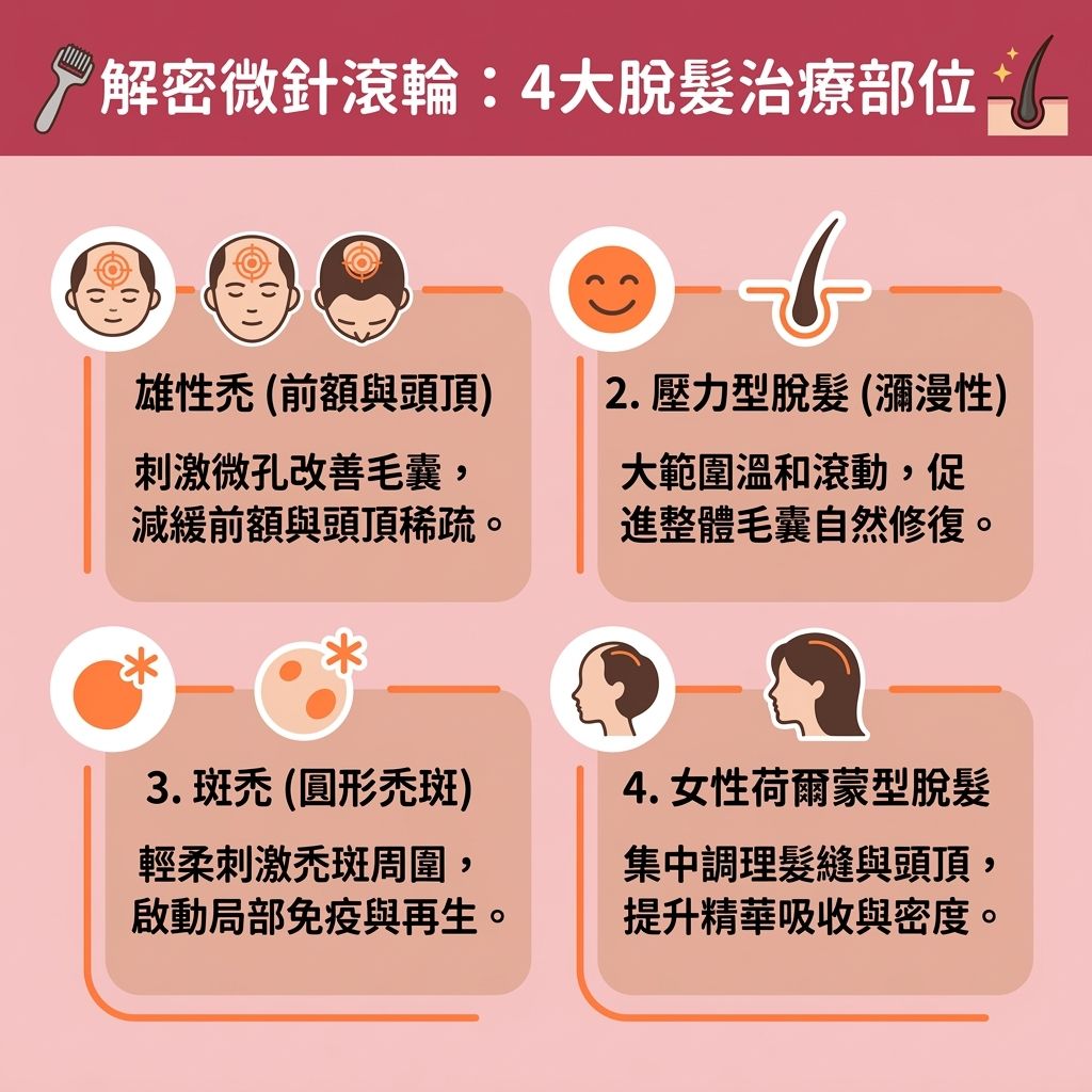 這是一張台灣健康部落格風格的 1:1 正方形扁平化資訊圖表,詳細解說微針滾輪用法及其在頭皮微針護理上的應用。圖表展示了微針與滾輪如何透過微創技術穿透角質層直達真皮層,不僅能刺激膠原蛋白增生(產生膠原蛋白)與加速新陳代謝,還能促進頭皮血液循環(改善血液循環),從而刺激毛囊生長與喚醒休止期毛囊。這對於治療雄性禿脫髮、對抗雄性禿與一般脫髮,甚至解決髮線後移及改善頭髮稀疏都有顯著的微針生髮效果。
圖中強調了增加生髮液吸收的重要性,指出配合生髮水、幹細胞、生長因子或配合外泌體生髮(使用外泌體)能大幅提升吸收率,進一步修復受損頭皮、延長毛髮生長期並強健毛囊與頭皮。為了確保安全並減少炎症與微針生髮痛楚,圖表提醒大眾在參考家用微針滾輪推薦及了解微針滾輪長度選擇時,必須注重微針滾輪清潔消毒(做好消毒工作)以避免微針生髮副作用。若有疑慮,建議尋求皮膚科醫生的專業意見,並進行微針生髮療程比較,以選出最適合自己的生髮方案。